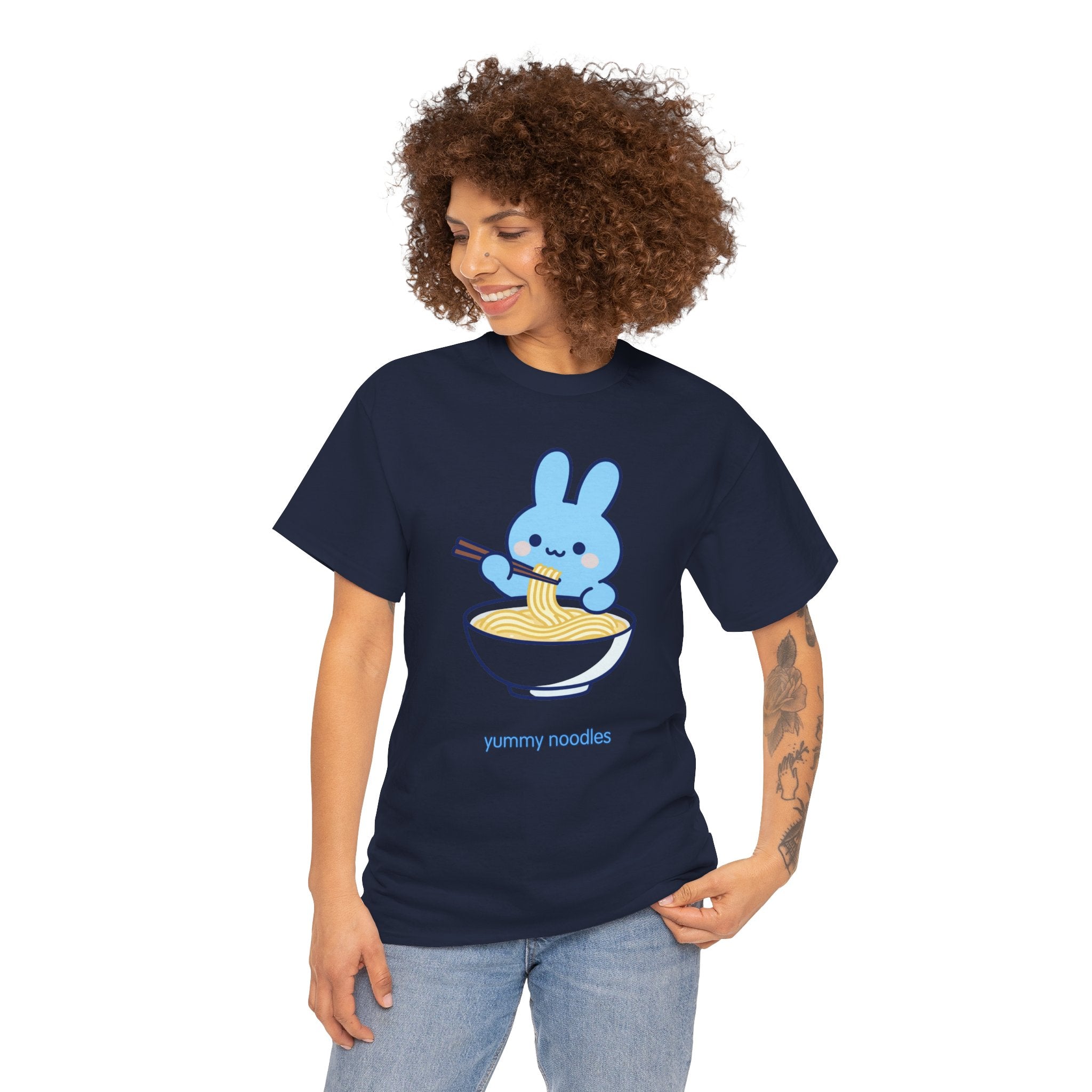 Yummy Noodles Blue Bunny T-Shirt | Cute Kawaii Rabbit Ramen Tee | Kids & Family Graphic T-Shirt