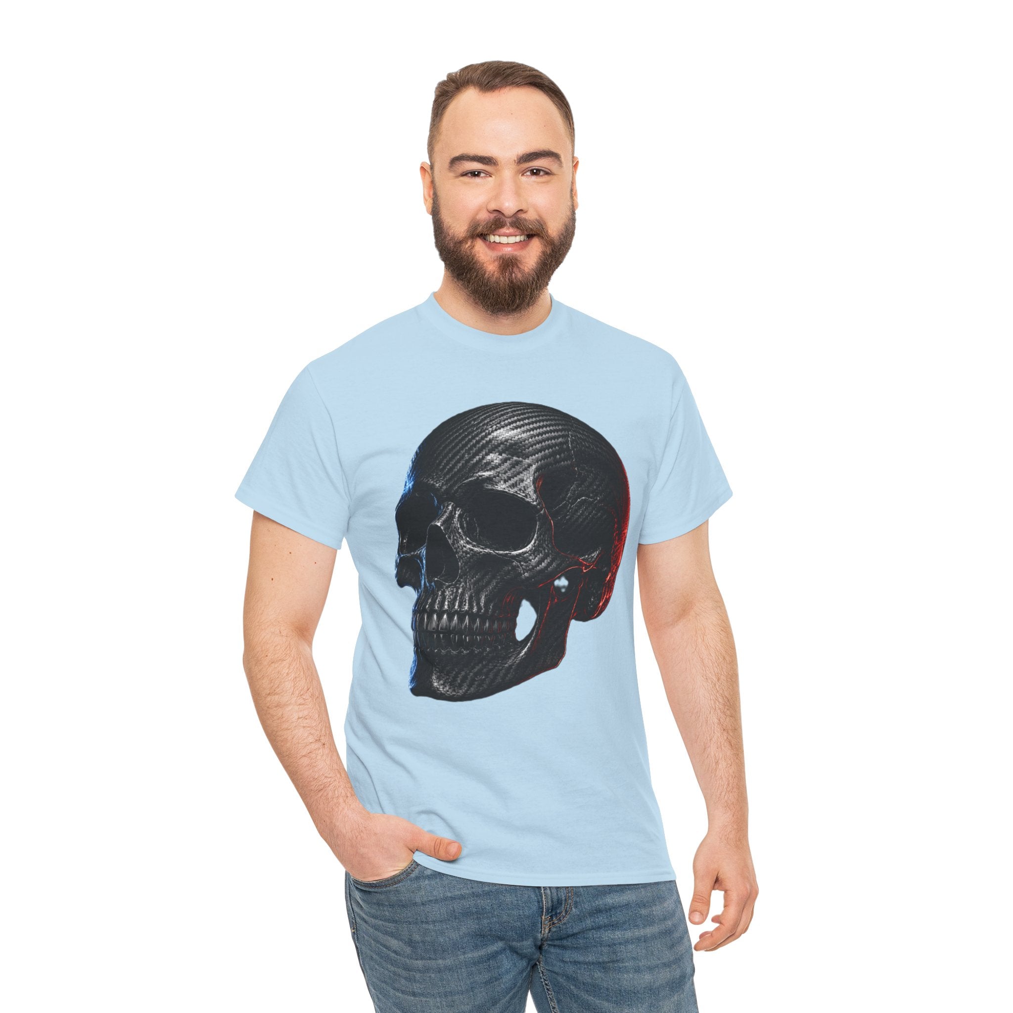 Carbon Fibre Skull T-Shirt | Racing Car Culture Graphic Tee | Red and Blue Edge Lighting Skull Shirt | Motorsport Gearhead Art