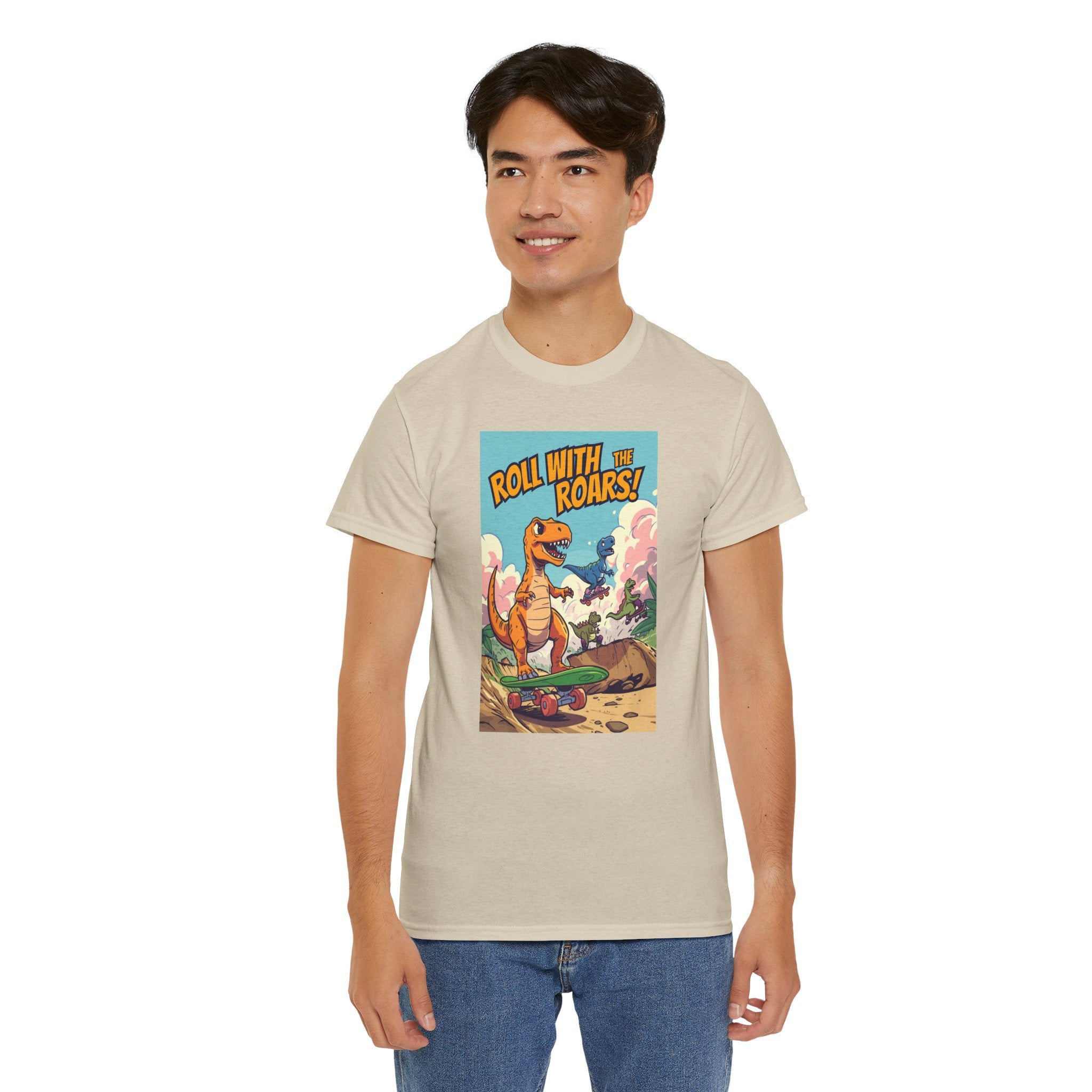 Roll With The Roars T-Shirt | Skateboarding T-Rex Pack Jungle Design | Funny Dinosaur Graphic Tee | Cartoon Fun Collection