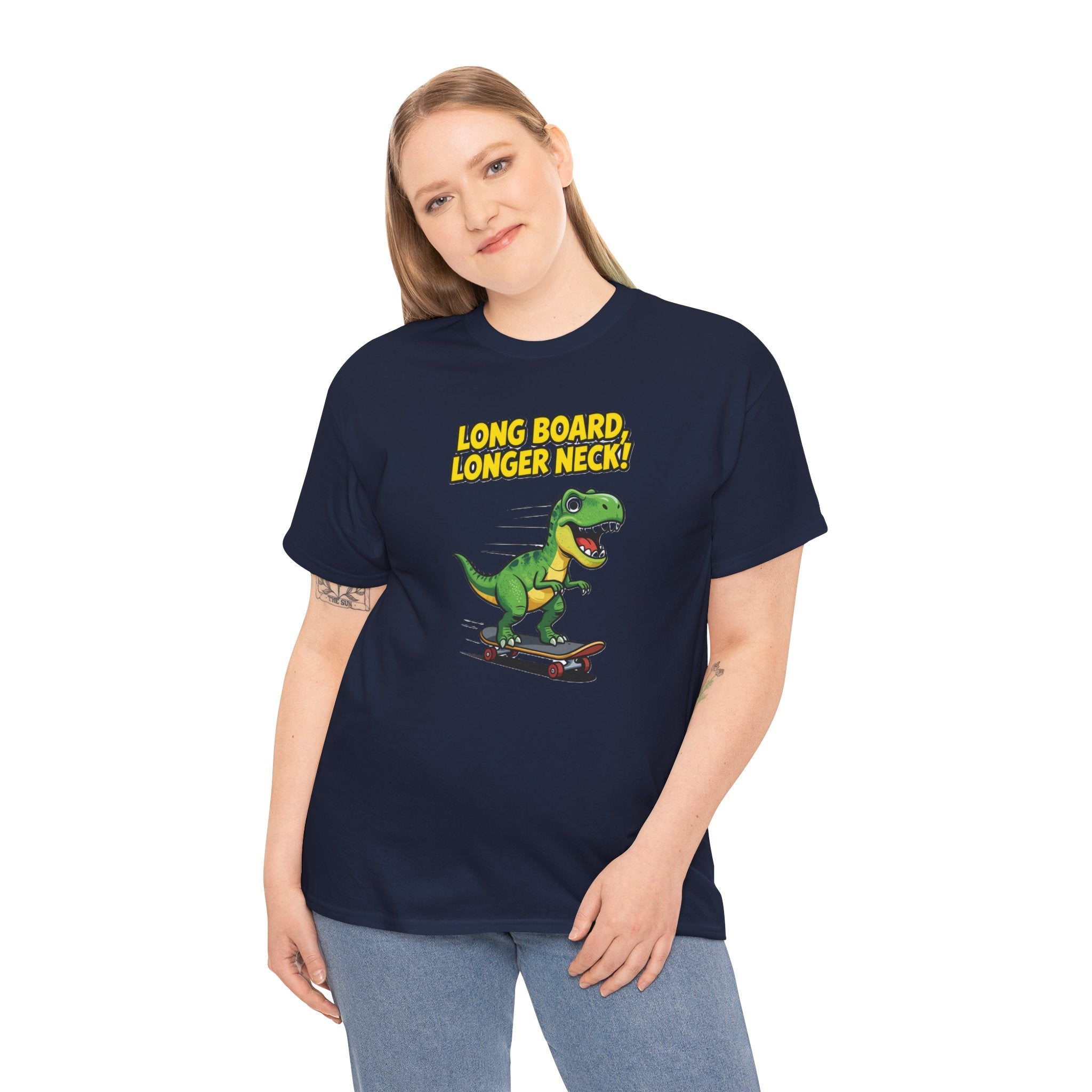 Long Board Longer Neck T-Shirt – Funny Green Dinosaur Longboard Skateboard Cartoon | Dino Skater Graphic Tee