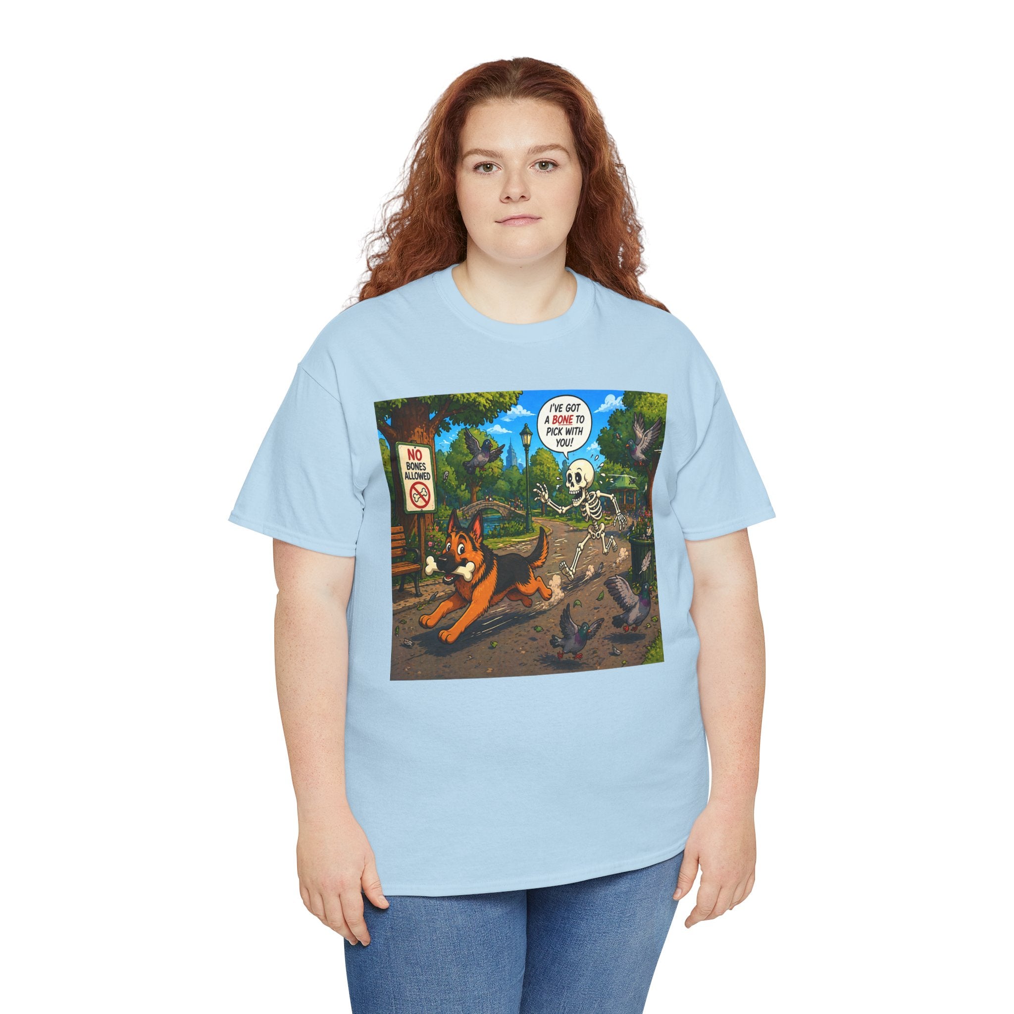 German Shepherd Running Cartoon Tee — "I’m Out Of Here" Park Scene Graphic T-Shirt