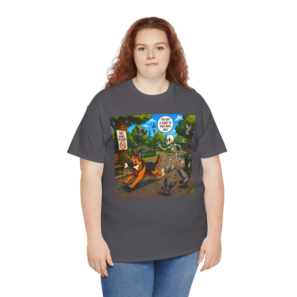 German Shepherd Running Cartoon Tee — "I’m Out Of Here" Park Scene Graphic T-Shirt
