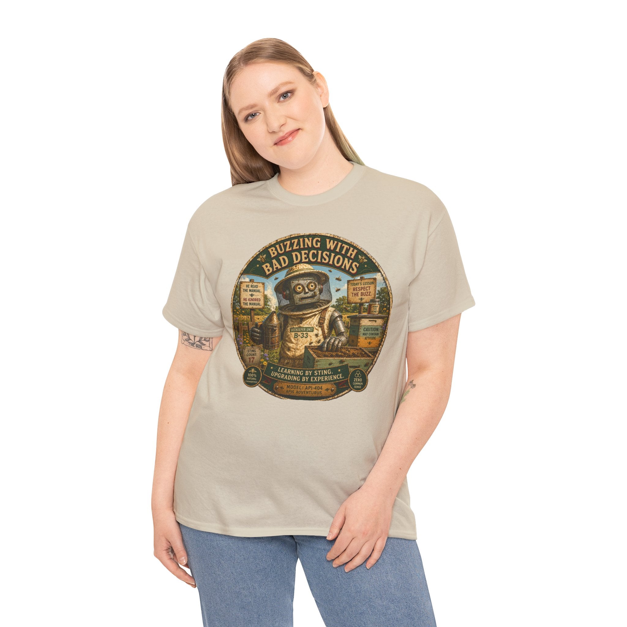 Buzzing With Bad Decisions T-Shirt — Funny Robot Beekeeper Graphic Tee