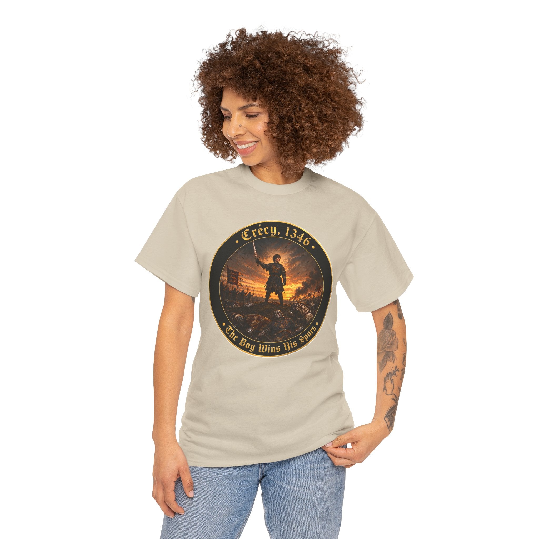 Crécy 1346 T-Shirt — "The Boy Wins His Spurs" Medieval Battle Roundel Graphic Tee