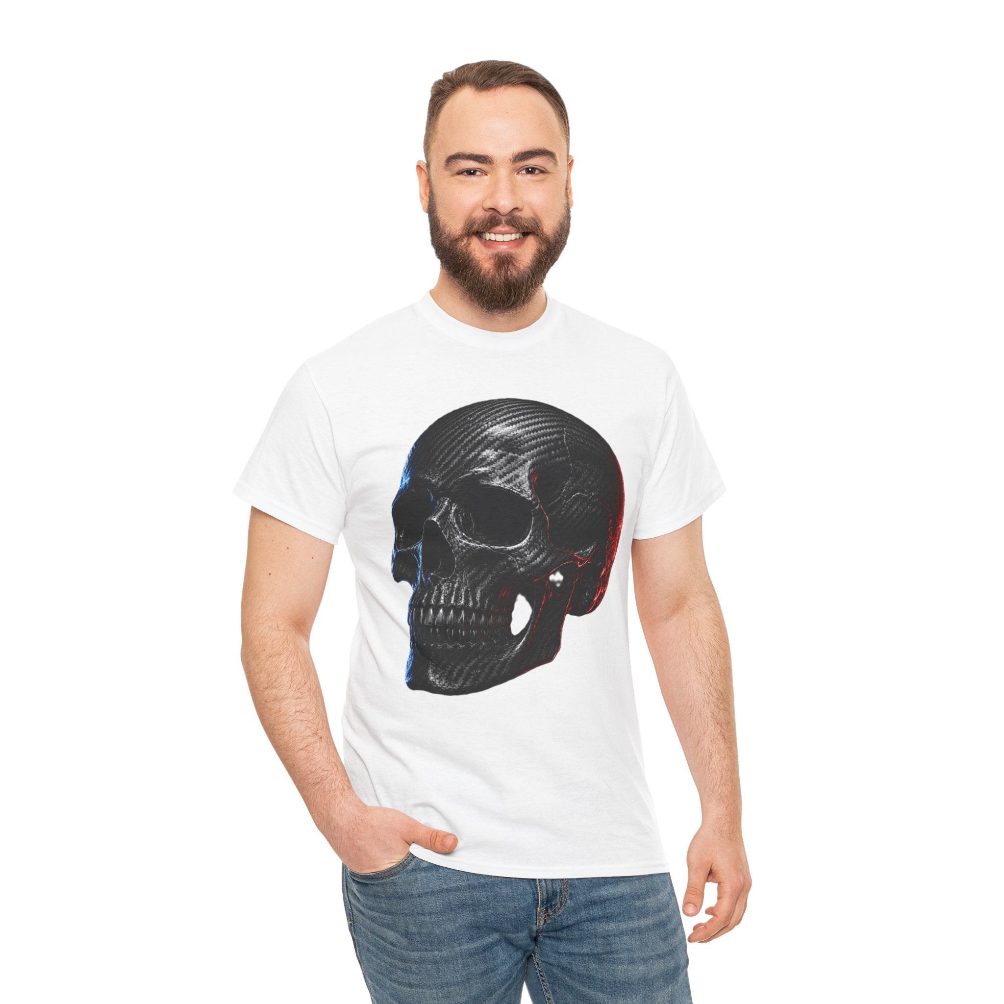 Carbon Fibre Skull T-Shirt | Racing Car Culture Graphic Tee | Red and Blue Edge Lighting Skull Shirt | Motorsport Gearhead Art