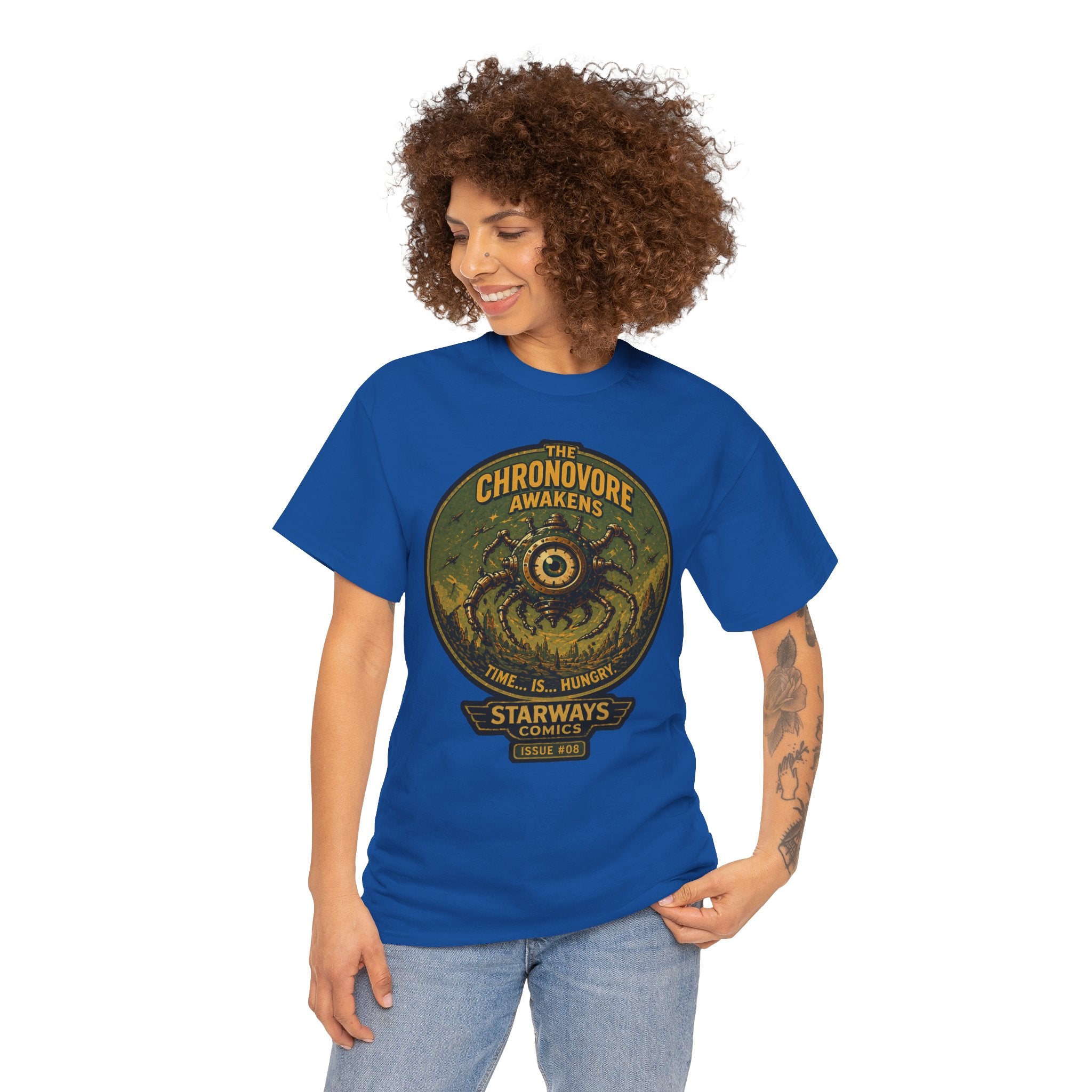The Chronovore Awakens T-Shirt | Retro Sci-Fi Monster Graphic Tee | Vintage Space Comic Creature Shirt | Starways Comics Issue 8
