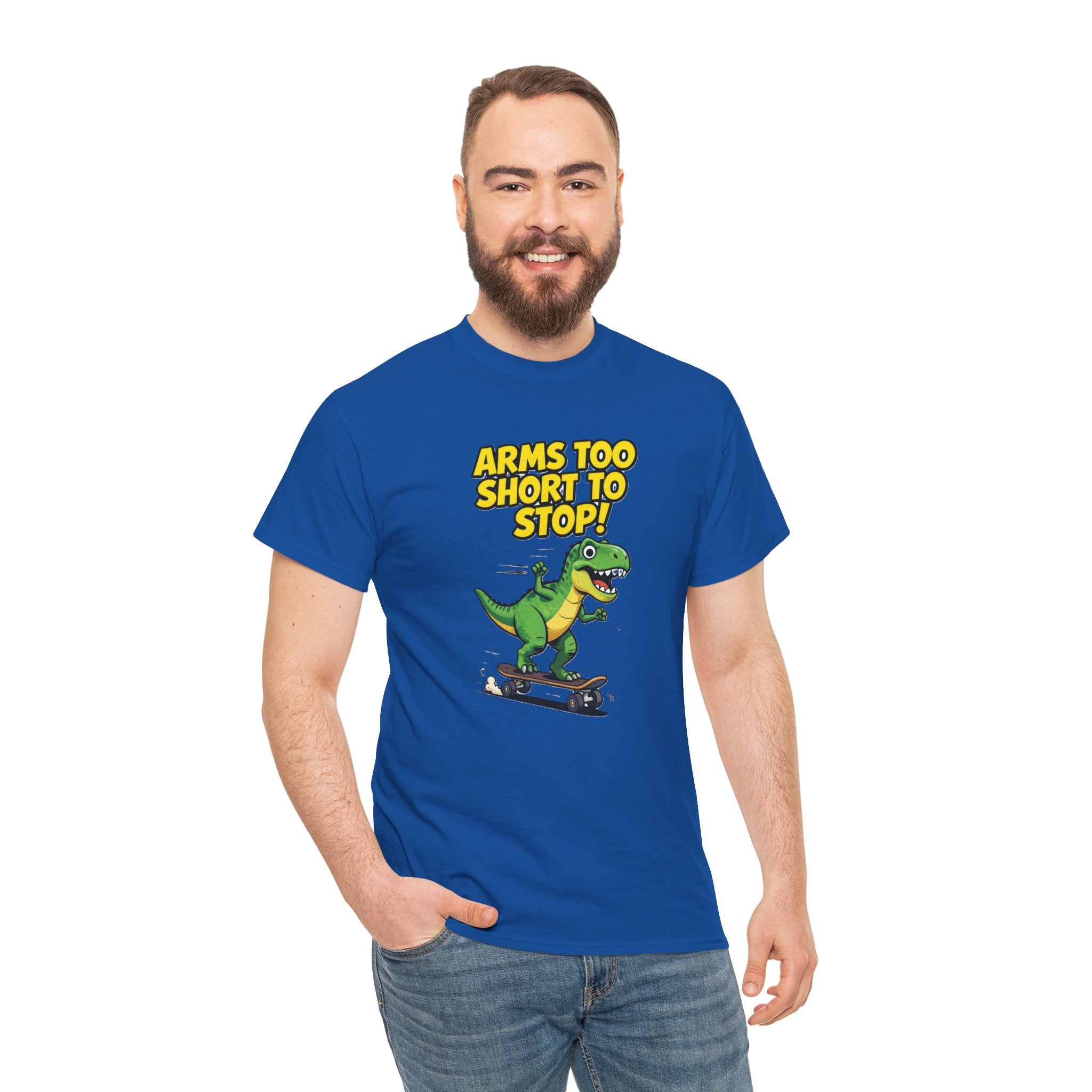 Arms Too Short to Stop T-Shirt – Funny T-Rex Skateboard Cartoon Dinosaur | T-Rex Arms Pun Graphic Tee
