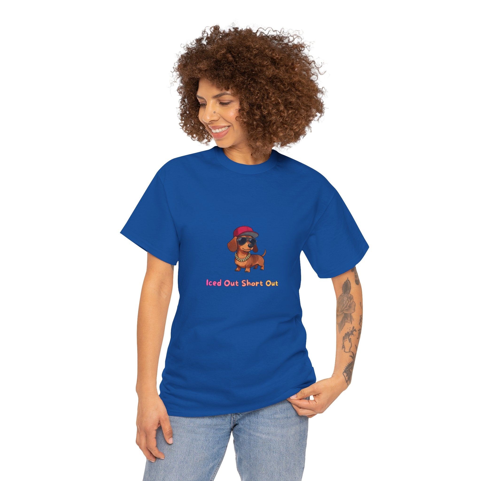 Iced Out Short Out T-Shirt – Funny Dachshund Gold Chain Bling Hip Hop | Wiener Dog Sausage Dog Graphic Tee