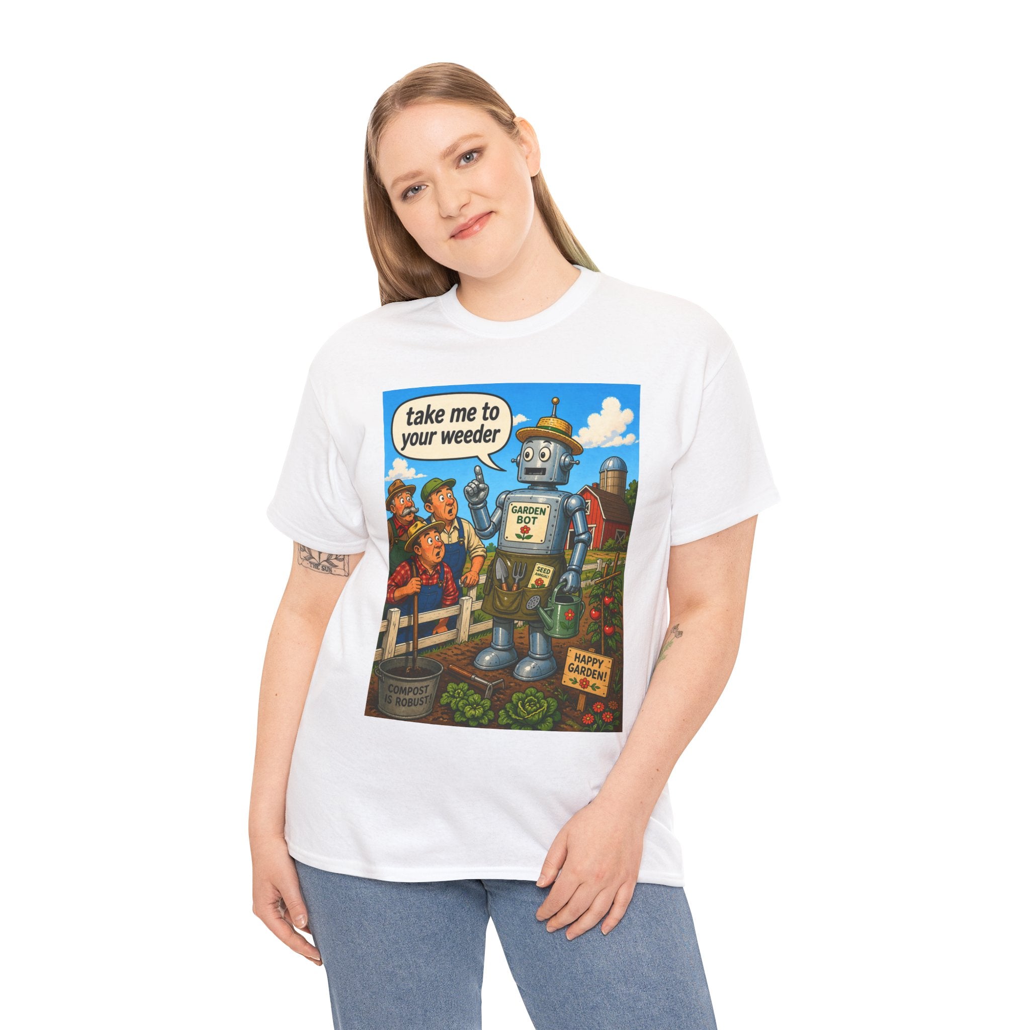T-Shirt — "Take Me to Your Weeder" Vintage Robot Gardening Tee