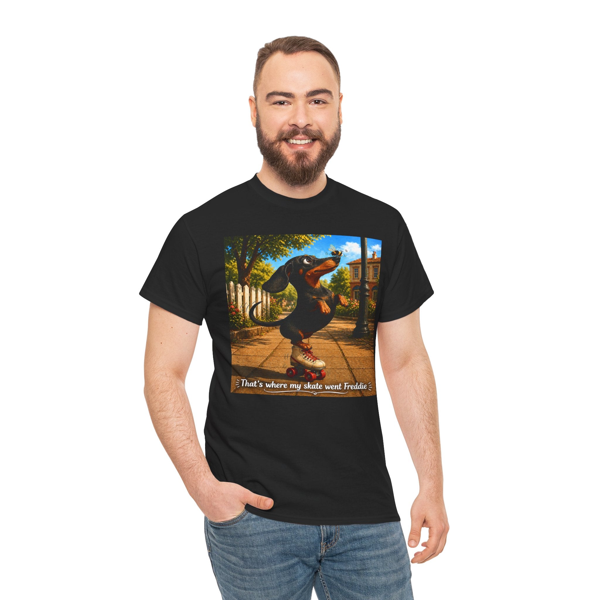 Dachshund on Skate T-Shirt — "That's Where My Skate Went Freddie" Retro Skate Tee