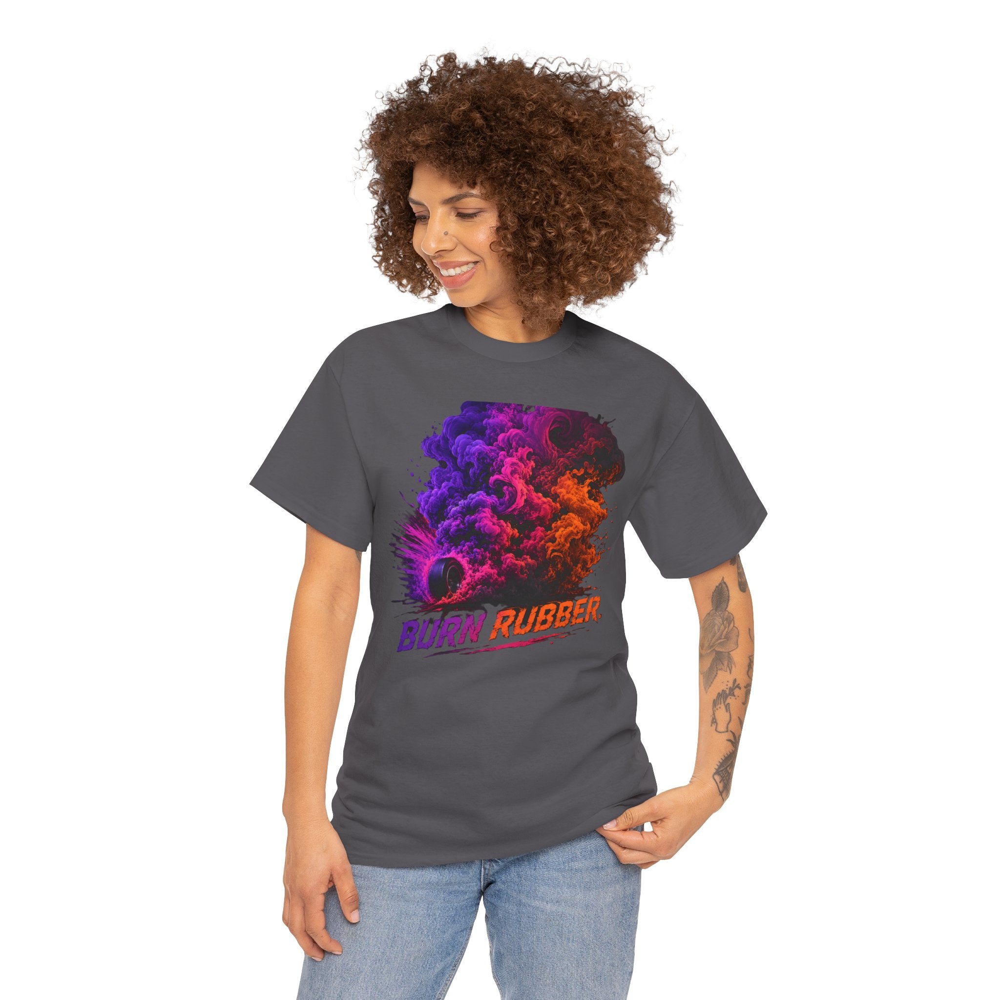 Burn Rubber T-Shirt | Tire Smoke Burnout Graphic Tee | Colorful Drift Racing Shirt | Car Culture Street Racing Art