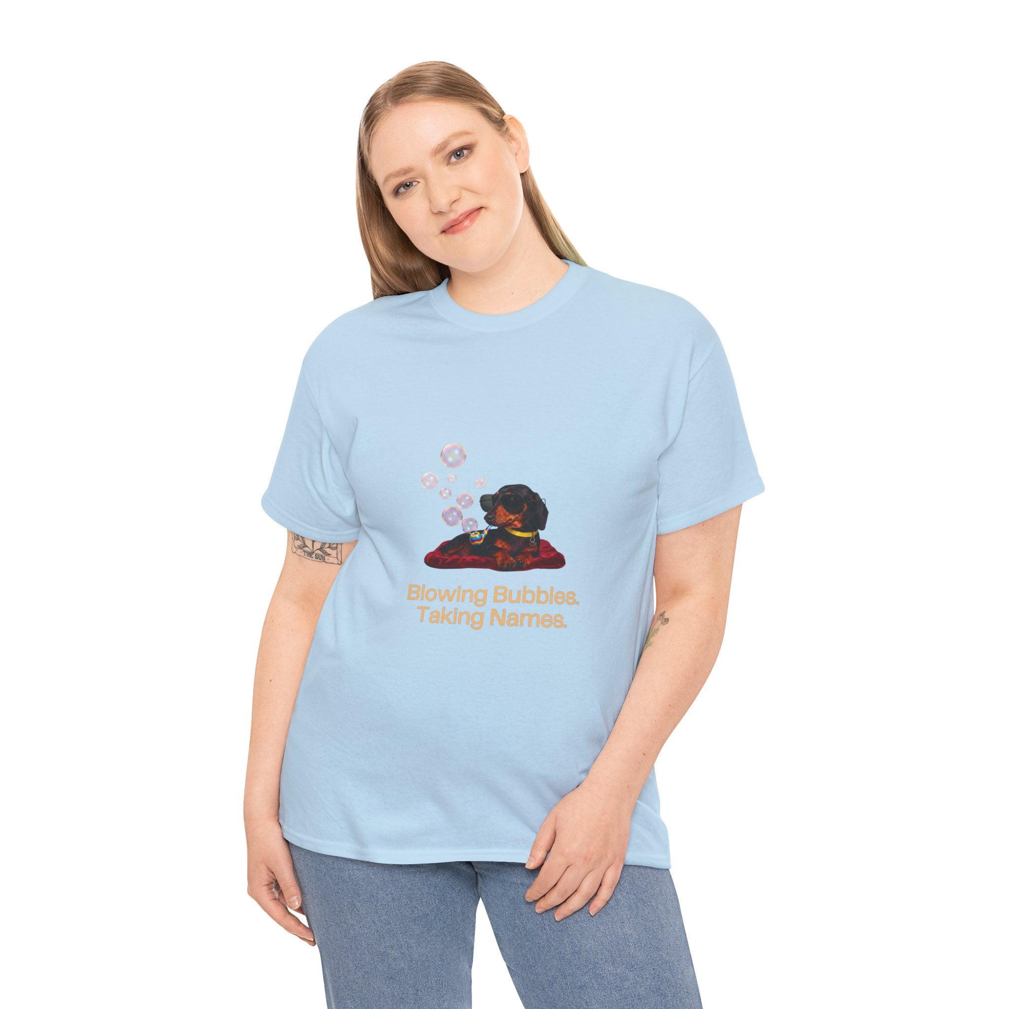 Blowing Bubbles Taking Names T-Shirt – Funny Cool Dachshund Sunglasses Bubble Pipe | Sausage Dog Wiener Dog Graphic Tee