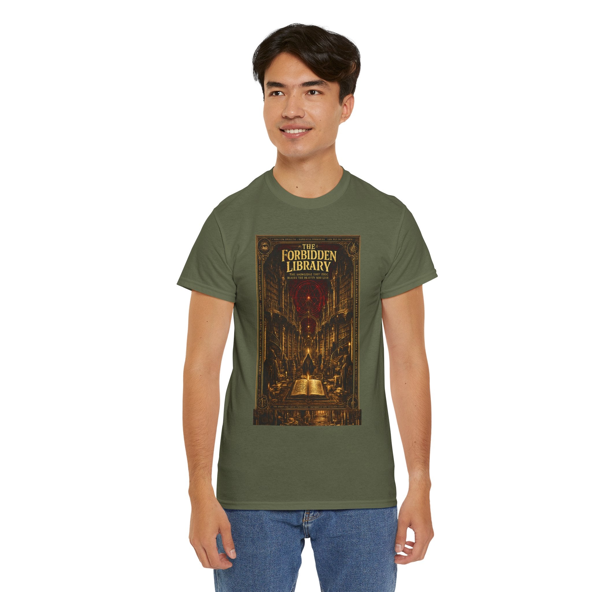 The Forbidden Library T-Shirt | Occult Grimoire Graphic Tee | Esoteric Gothic Bookshelf Shirt | Dark Academia Mystic Art