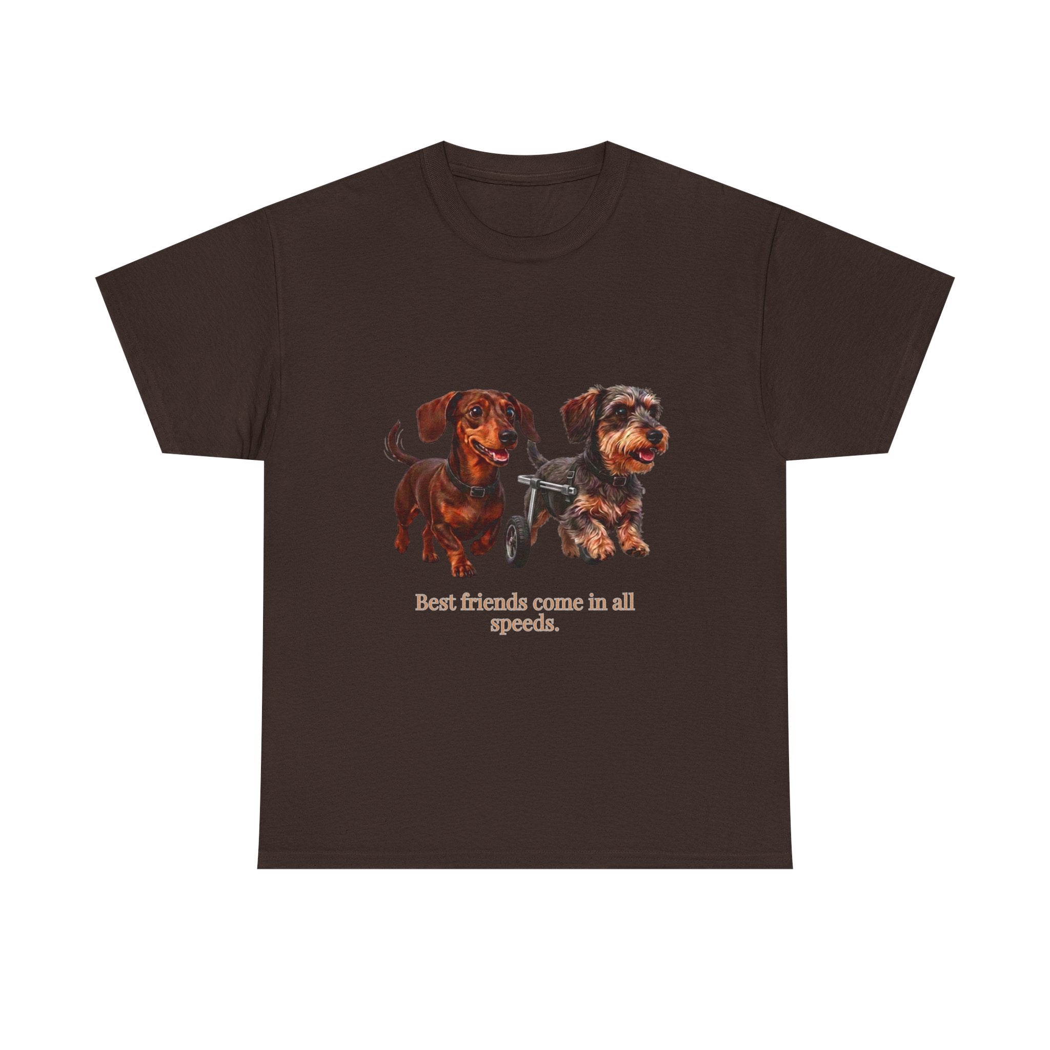 Dachshund Friends T-Shirt — Best Friends Roll Together | Cute Dachshund Mobility Dog Tee | Heartwarming Furry Friends Graphic T-Shirt