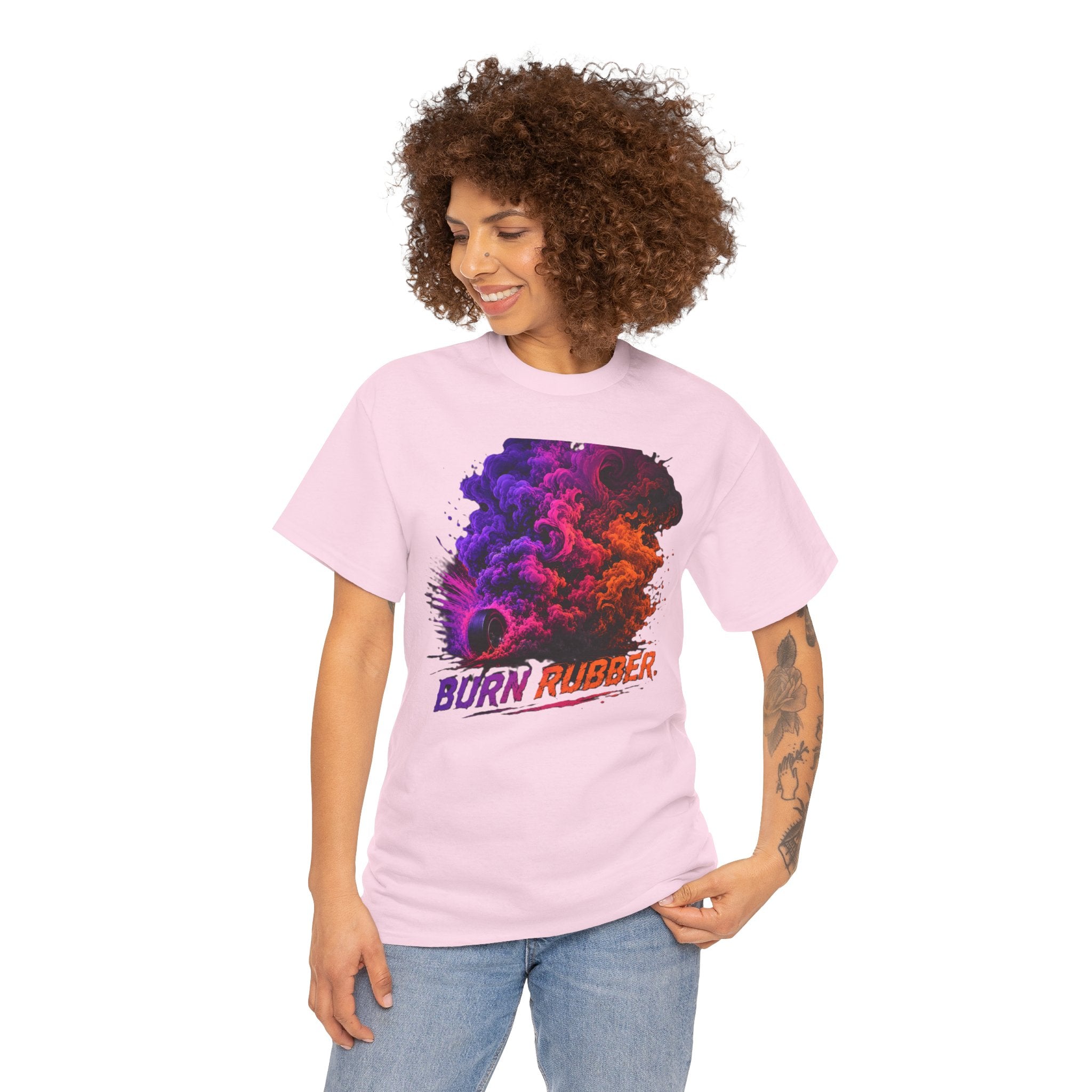 Burn Rubber T-Shirt | Tire Smoke Burnout Graphic Tee | Colorful Drift Racing Shirt | Car Culture Street Racing Art