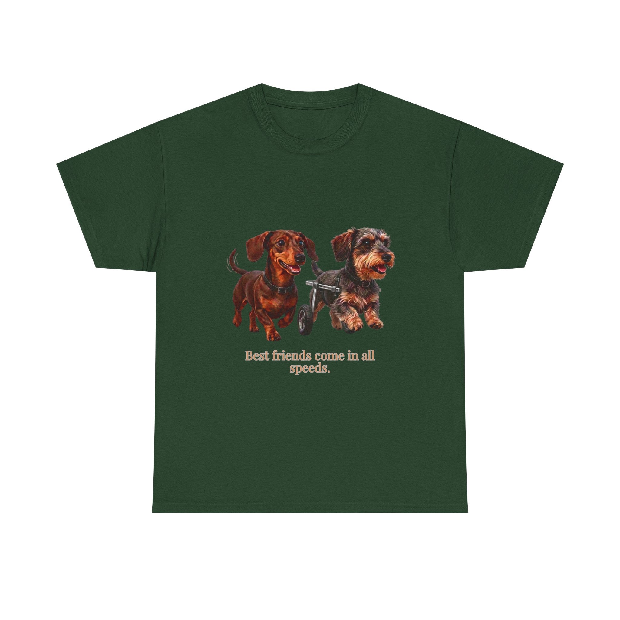 Dachshund Friends T-Shirt — Best Friends Roll Together | Cute Dachshund Mobility Dog Tee | Heartwarming Furry Friends Graphic T-Shirt