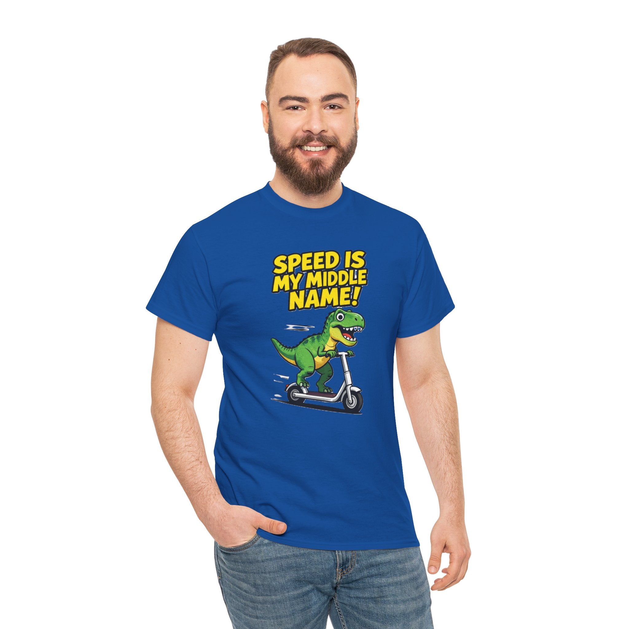 Speed Is My Middle Name T-Shirt – Funny T-Rex Electric Scooter Cartoon Dinosaur | Fast Dino Graphic Tee