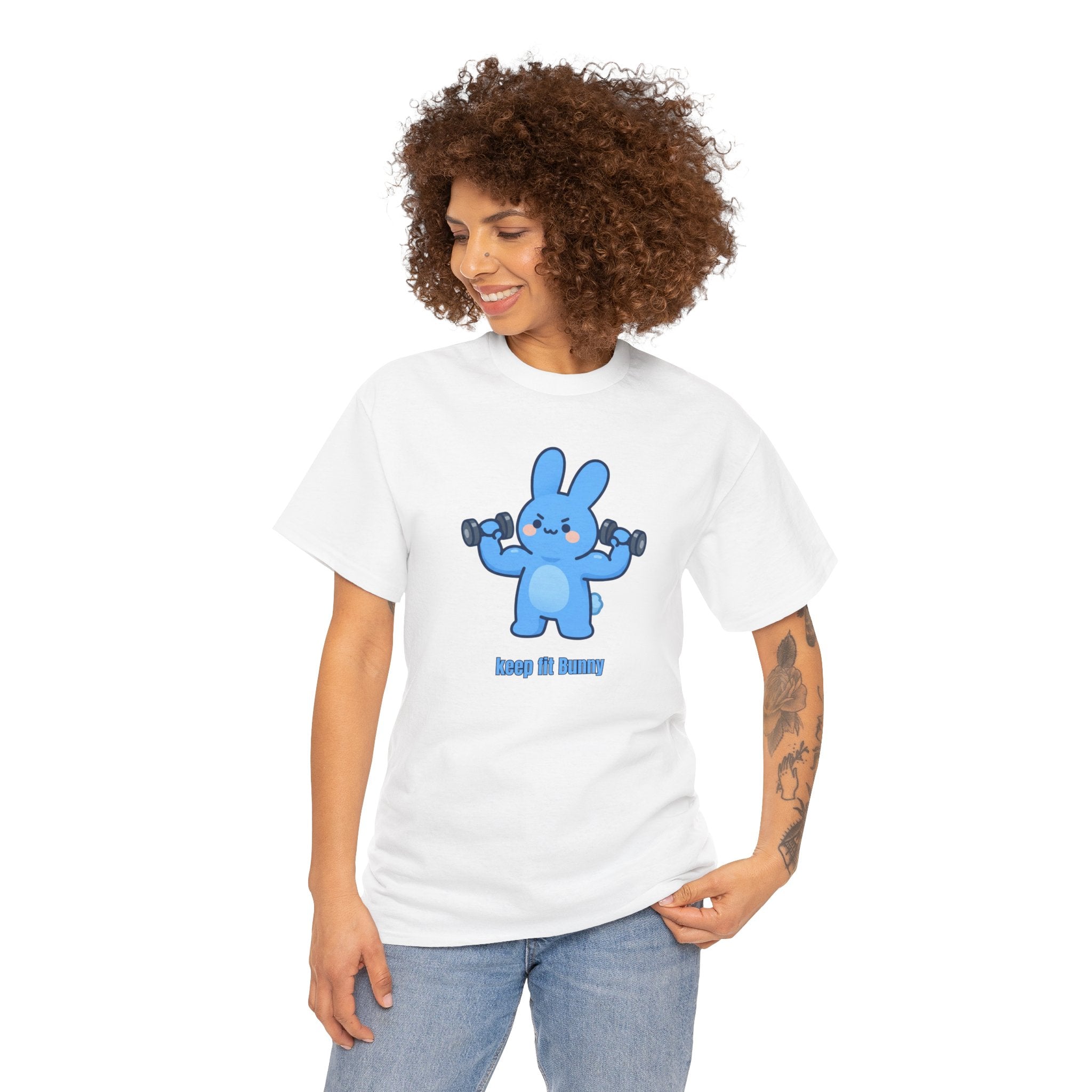 Cute Blue Bunny Weightlifting Tee — "Keep it Bunny" Fitness T-Shirt - Cute AND strong?! 💪🐰 Meet Keep Fit Bunny — pumping dumbbells, flexing hard, and looking absolutely determined. The most motivated little bunny you'll ever meet!