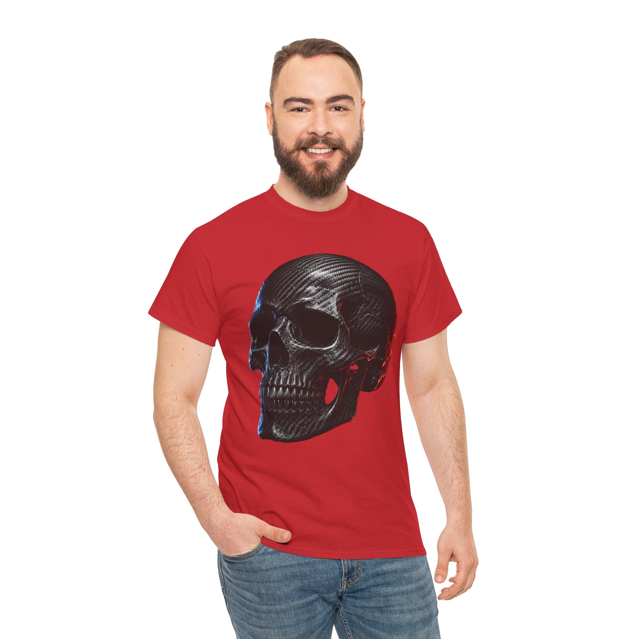 Carbon Fibre Skull T-Shirt | Racing Car Culture Graphic Tee | Red and Blue Edge Lighting Skull Shirt | Motorsport Gearhead Art