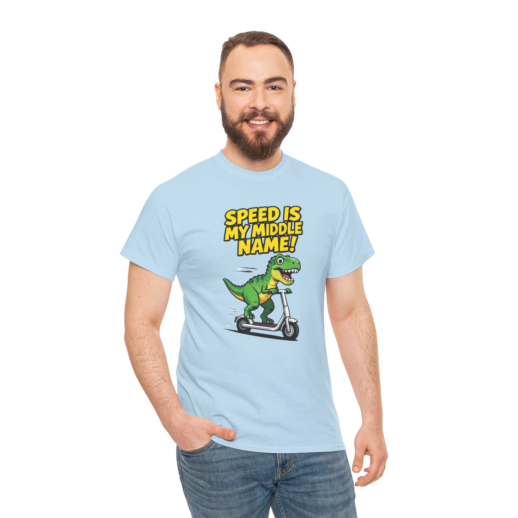 Speed Is My Middle Name T-Shirt – Funny T-Rex Electric Scooter Cartoon Dinosaur | Fast Dino Graphic Tee