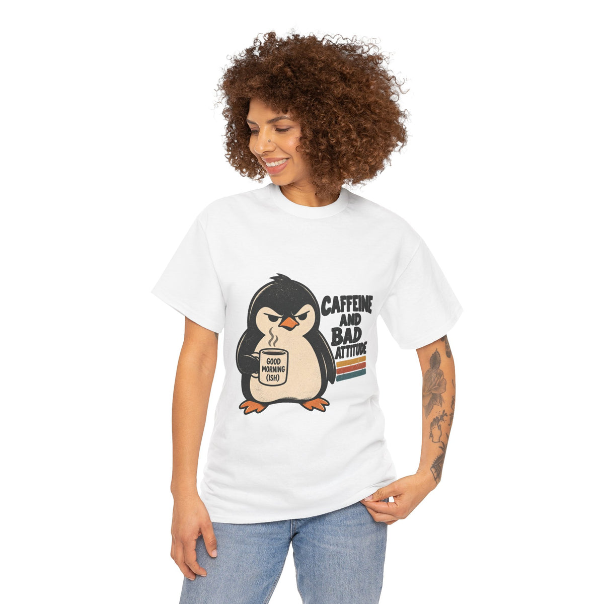 Caffeine and Bad Attitude Grumpy Penguin Coffee T-Shirt