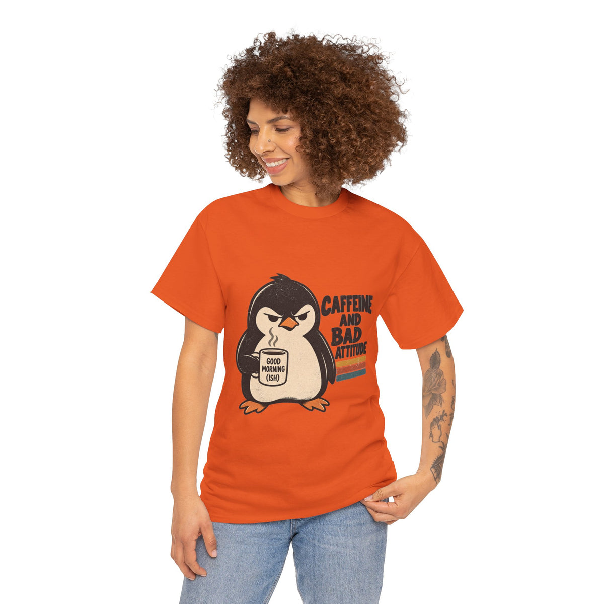 Caffeine and Bad Attitude Grumpy Penguin Coffee T-Shirt