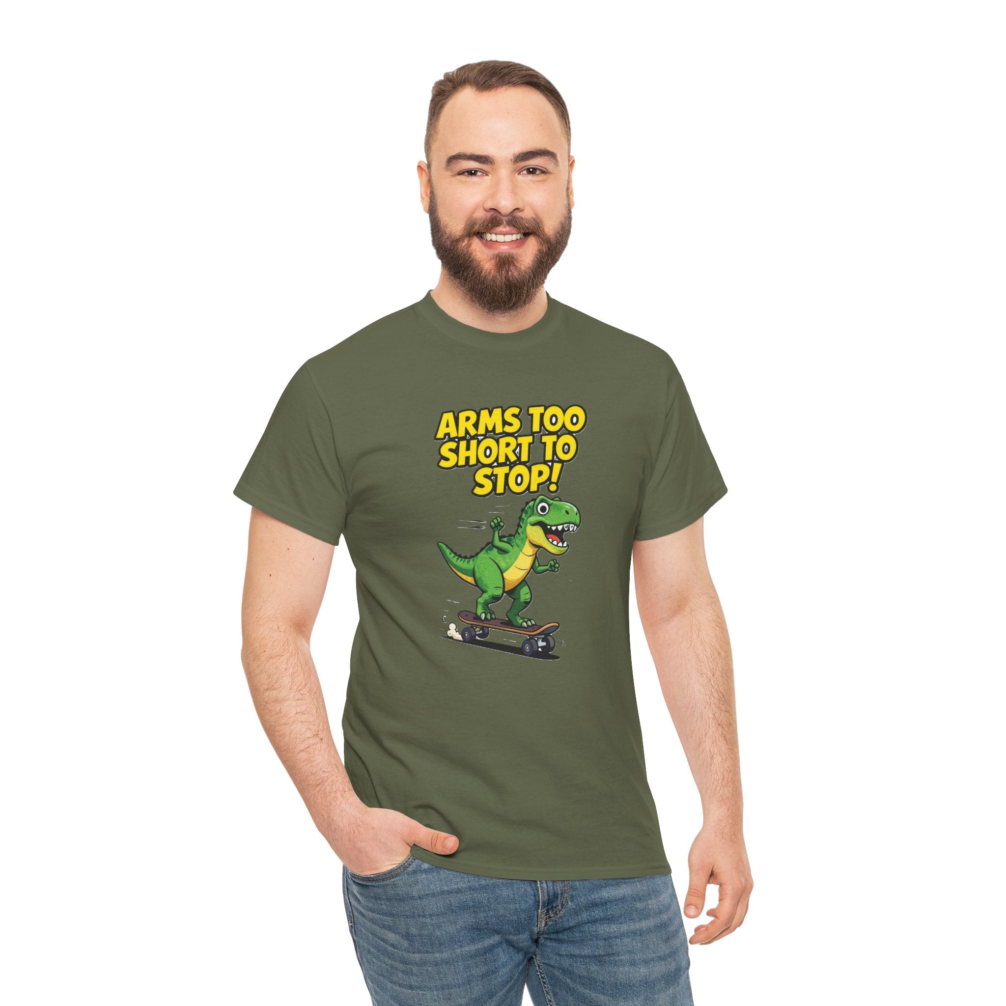 Arms Too Short to Stop T-Shirt – Funny T-Rex Skateboard Cartoon Dinosaur | T-Rex Arms Pun Graphic Tee