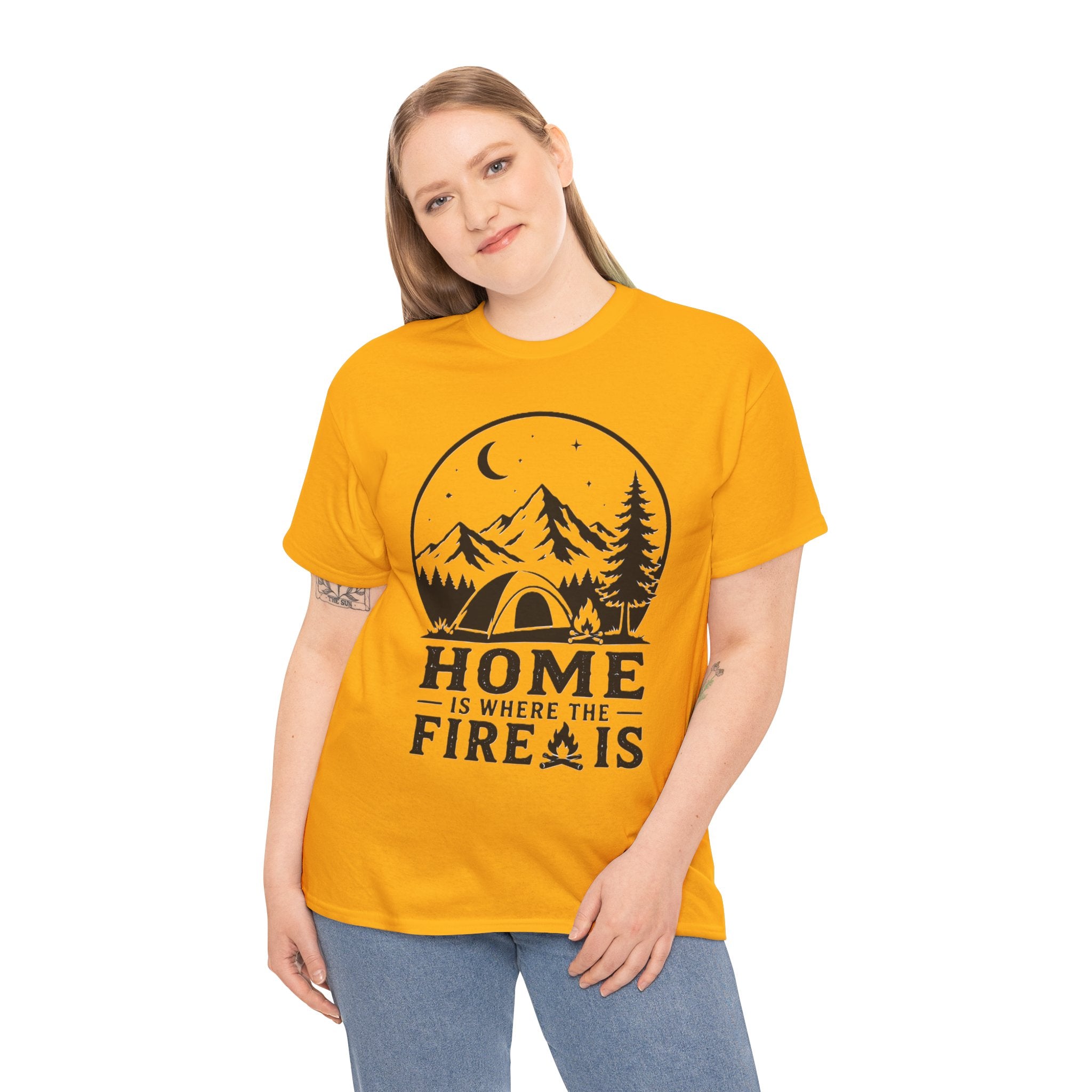 Camping T-Shirt — "Home Is Where The Fire Is" Outdoor Campfire Tee - Four bars of signal lost. One entire soul found.