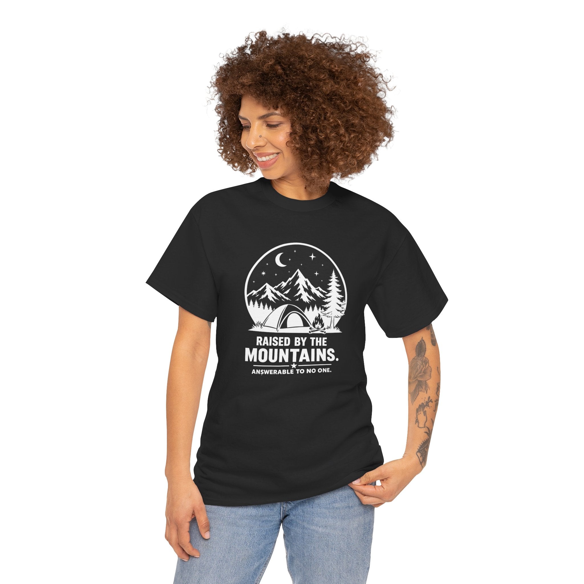 Raised By The Mountains T-Shirt — Mountain Tent Moon Graphic Tee