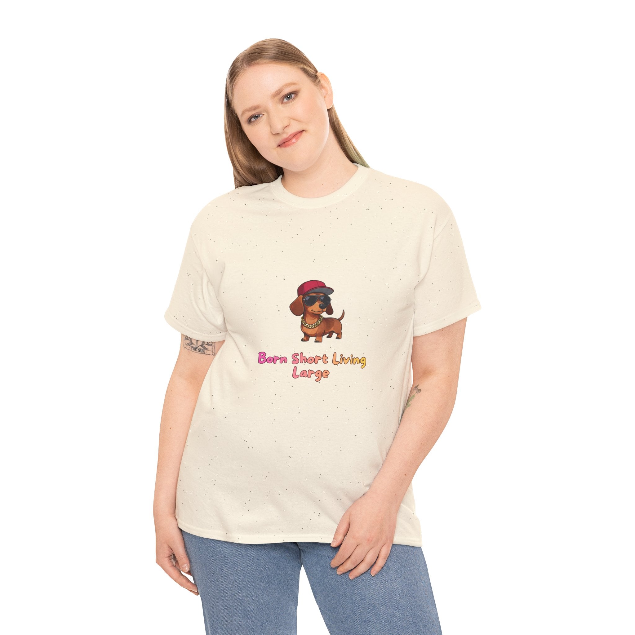 Born Short Living Large T-Shirt – Funny Hip Hop Dachshund Gold Chain Snapback | Wiener Dog Sausage Dog Graphic Tee