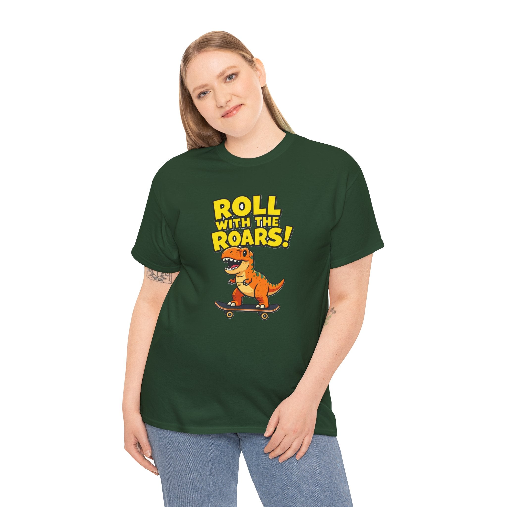 Roll With the Roars T-Shirt – Funny T-Rex Skateboard Cartoon Dinosaur | Dino Skater Graphic Tee