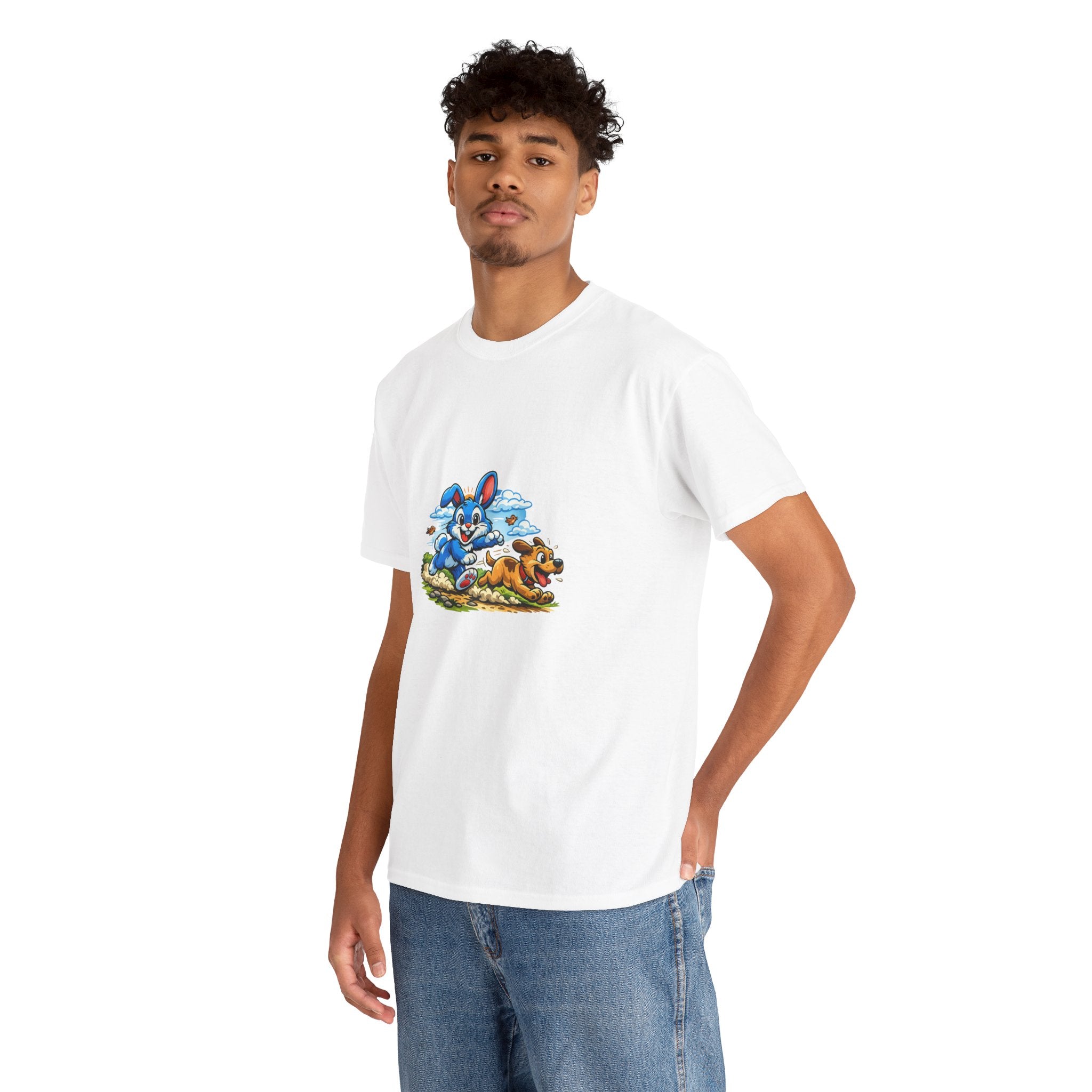 T-Shirt — Playful Blue Bunny & Dog Cartoon Graphic Tee