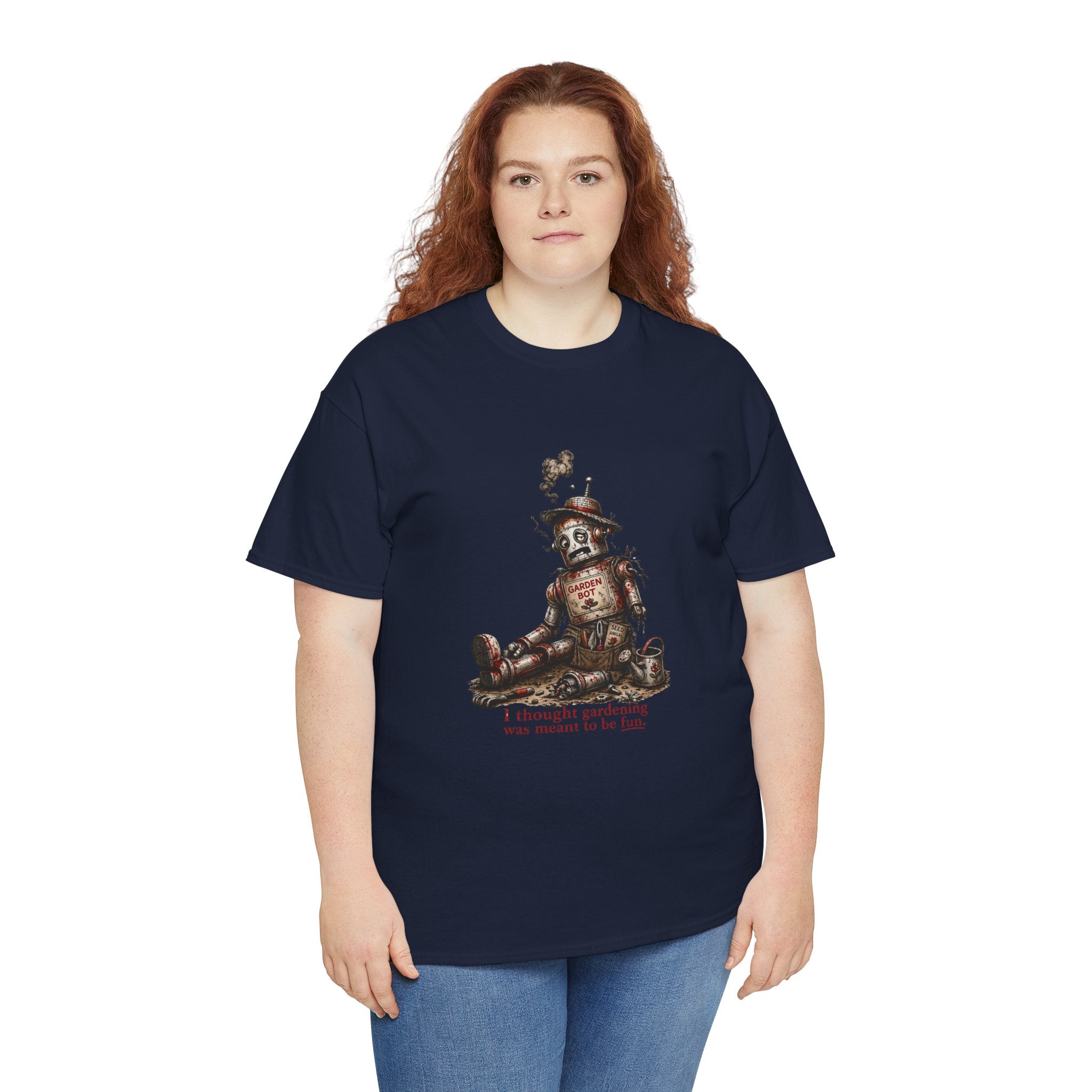 T-Shirt — Vintage Tin Toy Robot Graphic Tee (“I Thought Gardening was meant to be fun”)