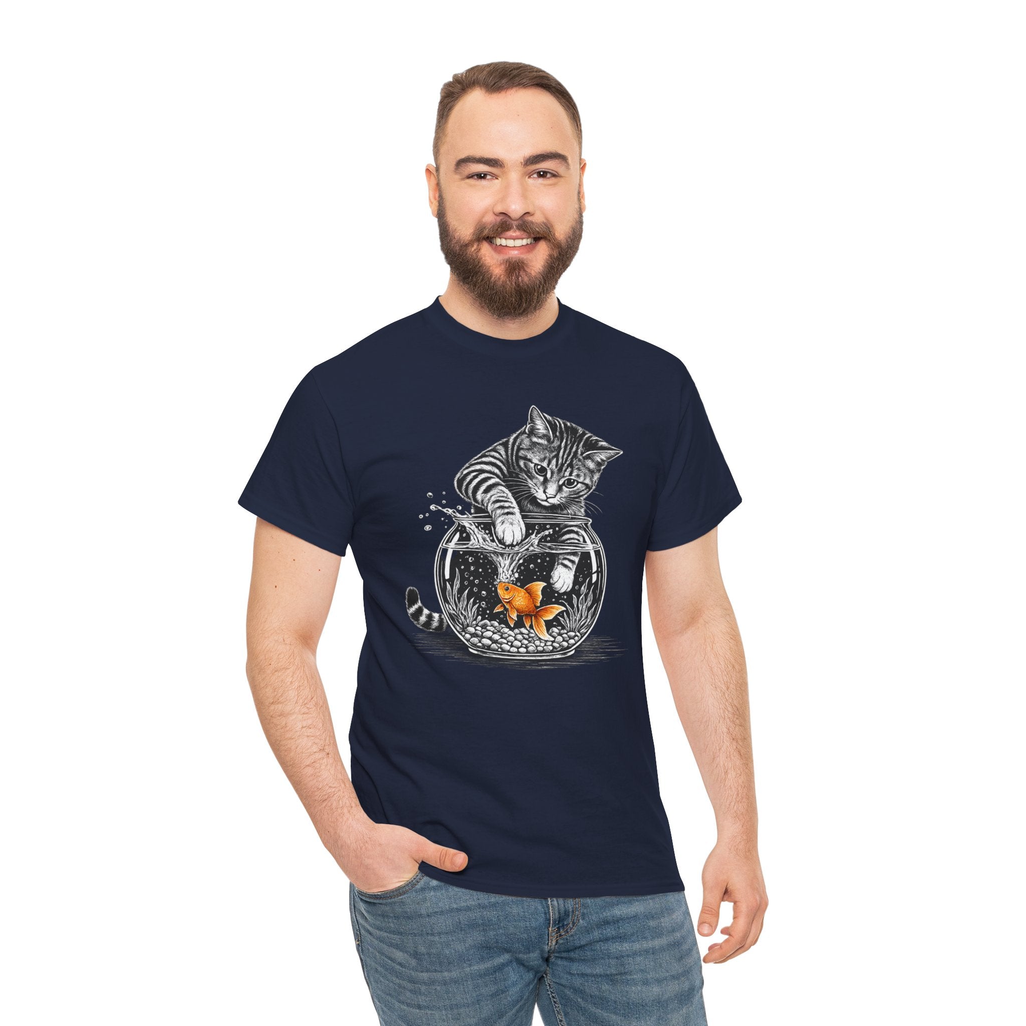 Cat and Goldfish Tee Dark — Playful Kitten Fishing Fishbowl Graphic T-Shirt