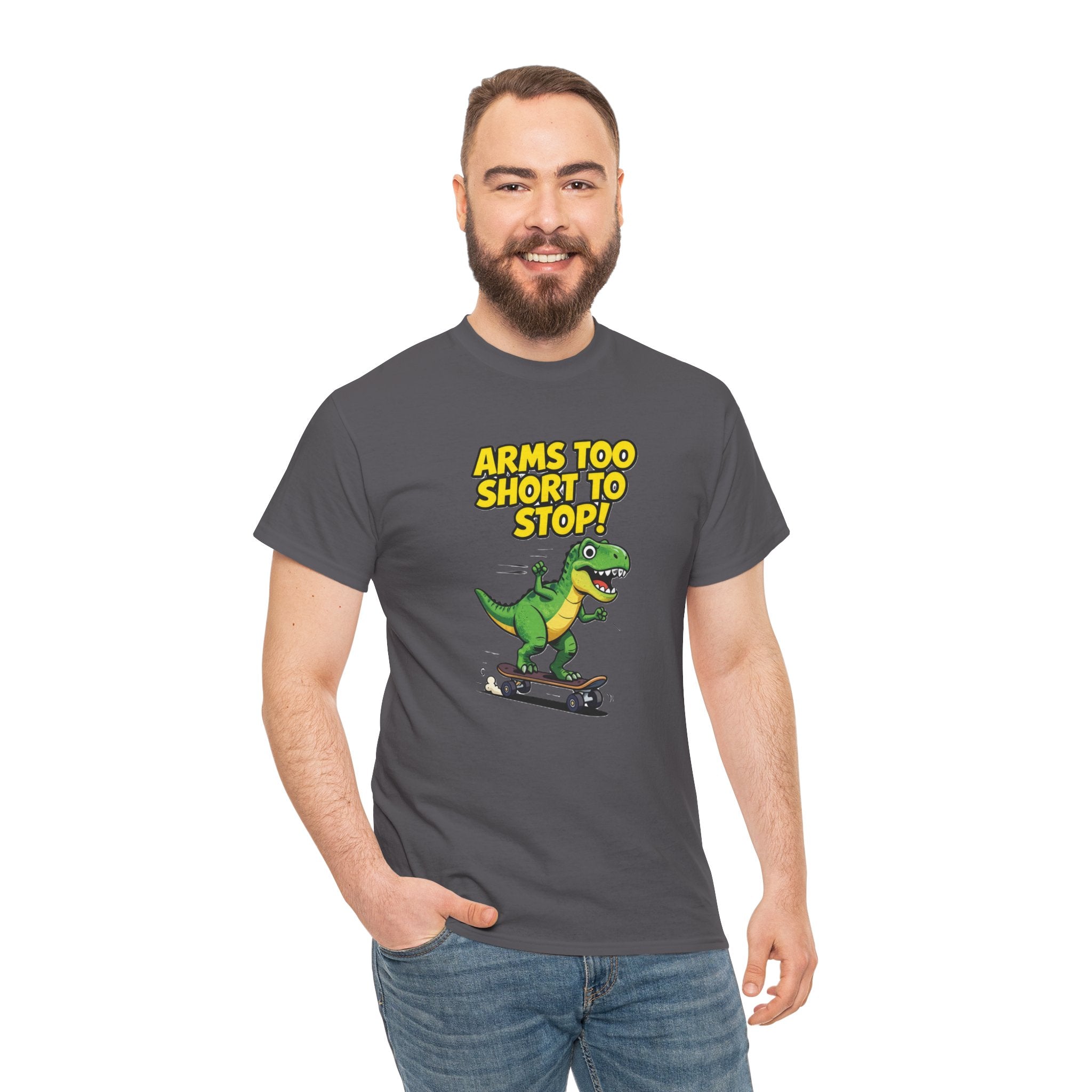 Arms Too Short to Stop T-Shirt – Funny T-Rex Skateboard Cartoon Dinosaur | T-Rex Arms Pun Graphic Tee