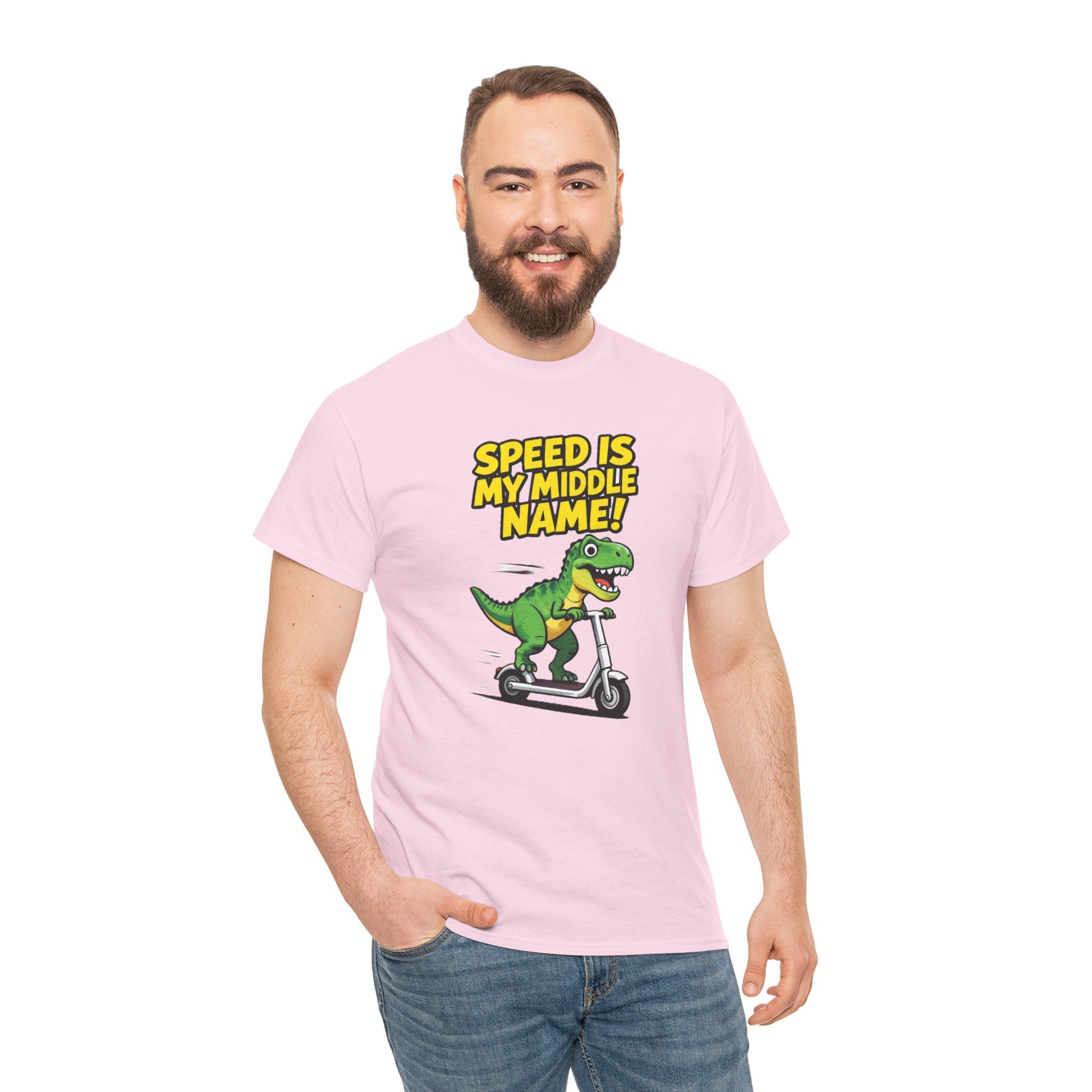 Speed Is My Middle Name T-Shirt – Funny T-Rex Electric Scooter Cartoon Dinosaur | Fast Dino Graphic Tee