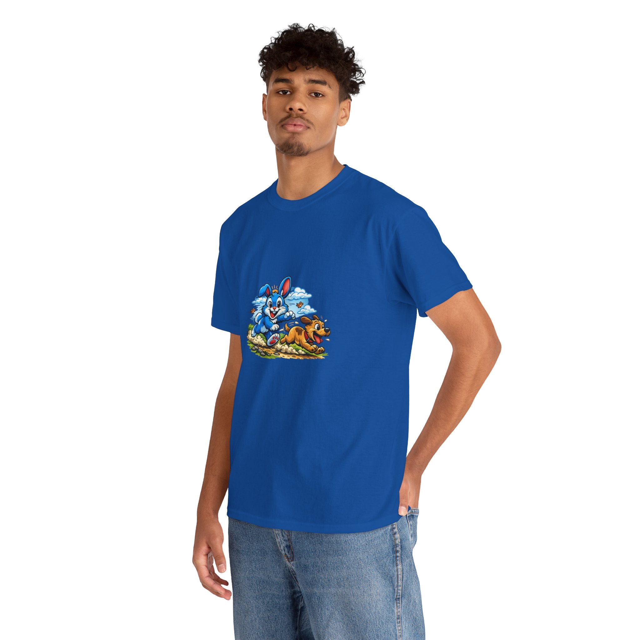 T-Shirt — Playful Blue Bunny & Dog Cartoon Graphic Tee