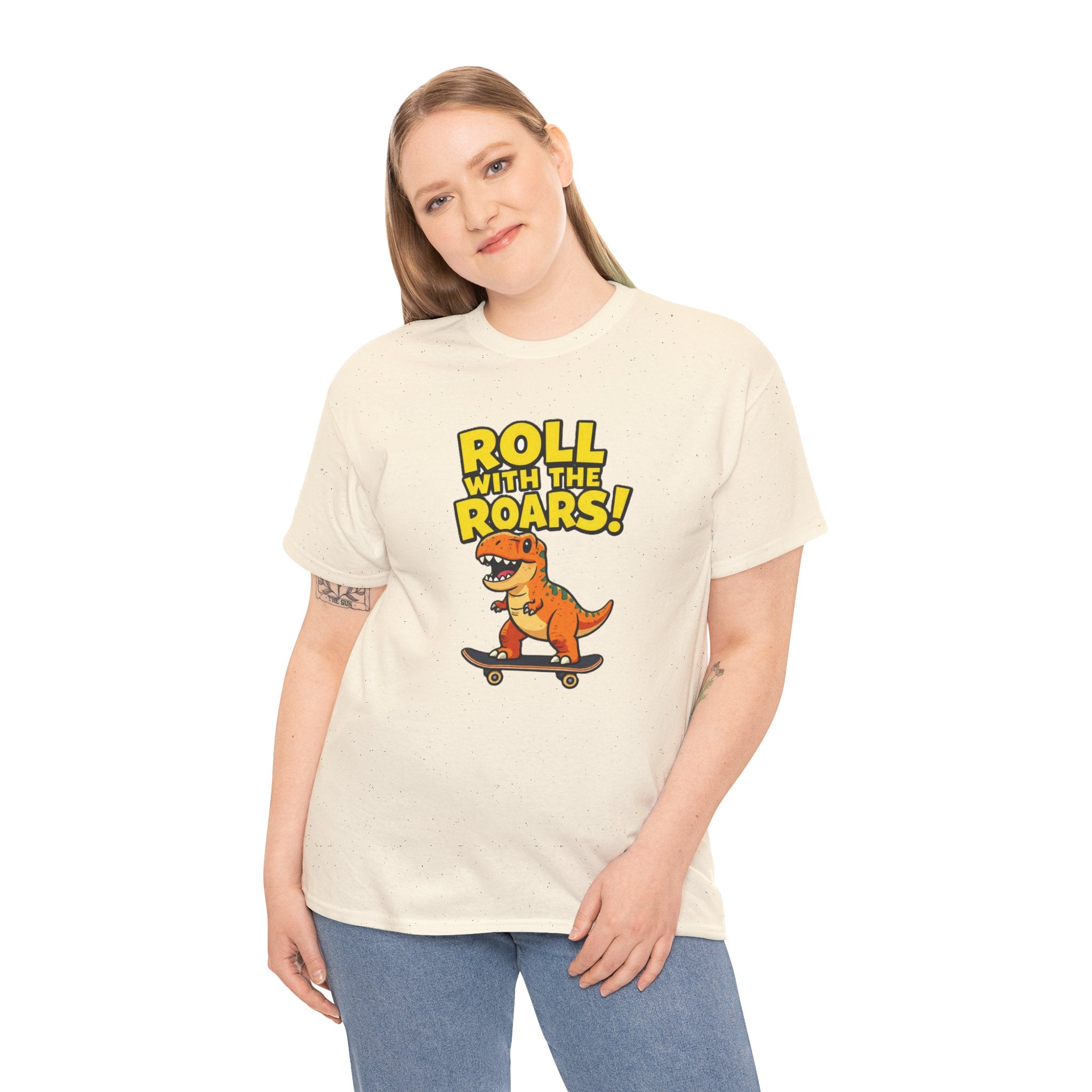 Roll With the Roars T-Shirt – Funny T-Rex Skateboard Cartoon Dinosaur | Dino Skater Graphic Tee