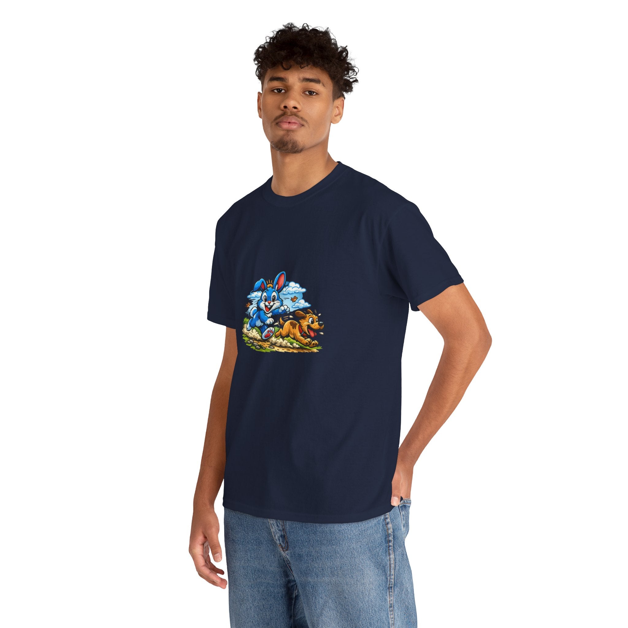 T-Shirt — Playful Blue Bunny & Dog Cartoon Graphic Tee