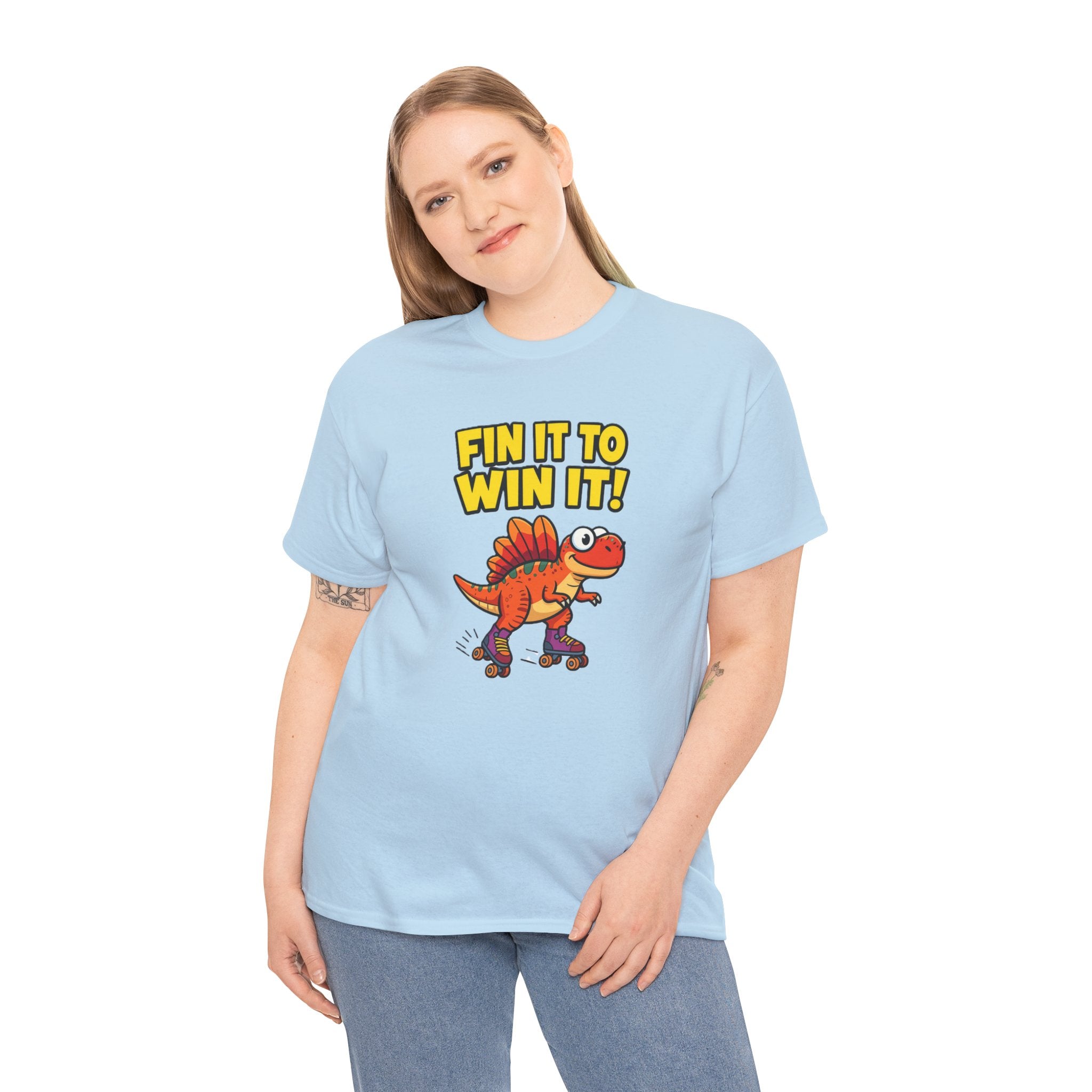 Fin It to Win It T-Shirt – Funny Spinosaurus Roller Skate Cartoon Dinosaur | Dino Skater Pun Graphic Tee