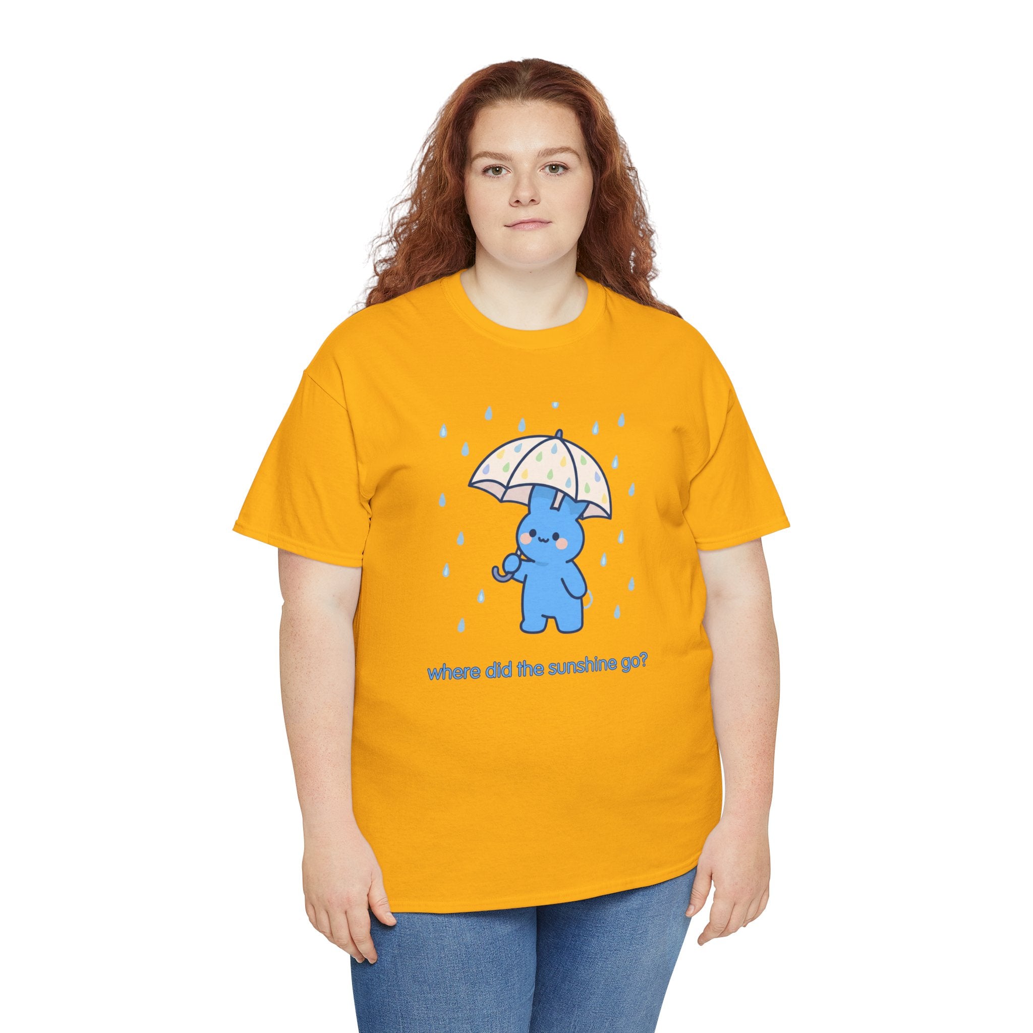 Cute Blue Bunny Tee — "Where Did the Sunshine Go?" Rainy Day Graphic T-Shirt - Where did the sunshine go? 🌧️🐰 Our little blue bunny is braving the rain with the cutest polka dot umbrella