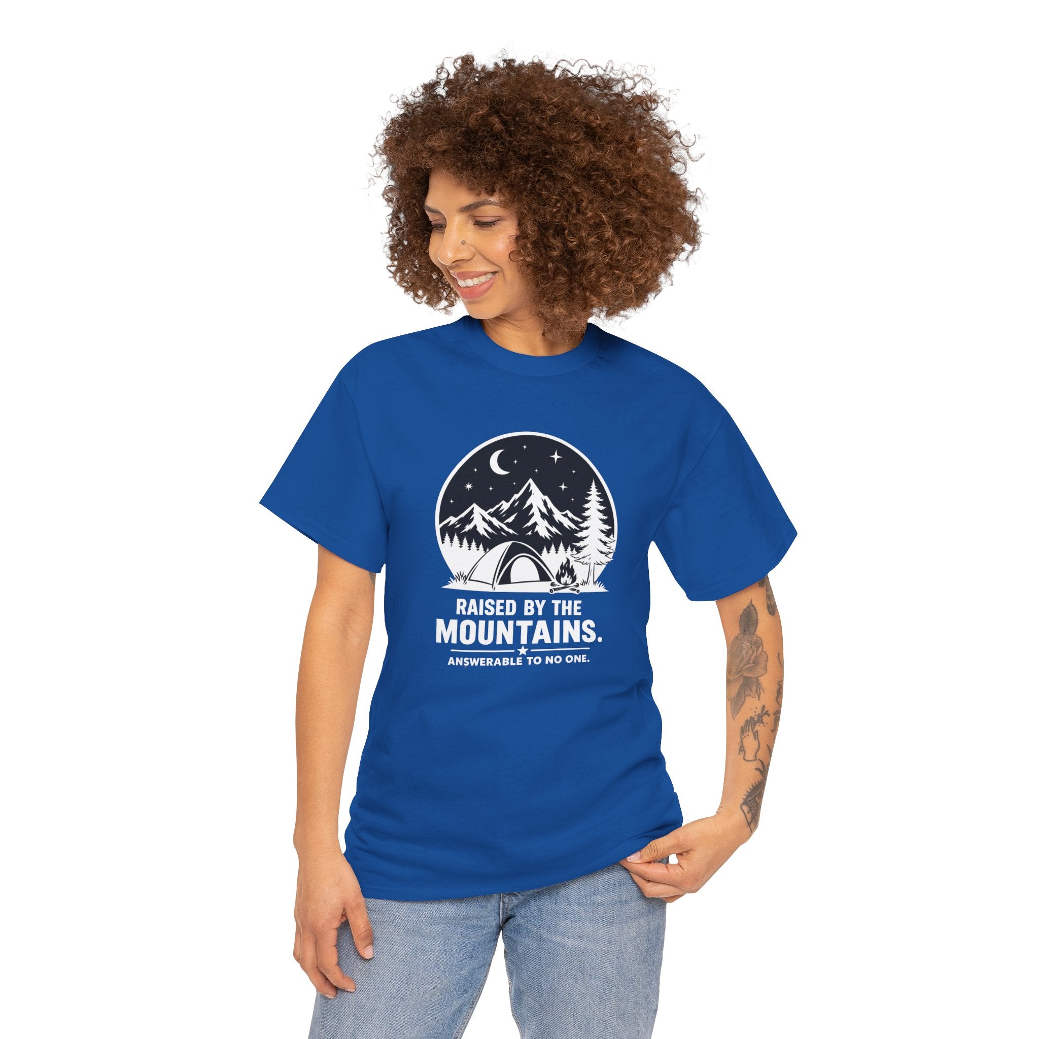 Raised By The Mountains T-Shirt — Mountain Tent Moon Graphic Tee