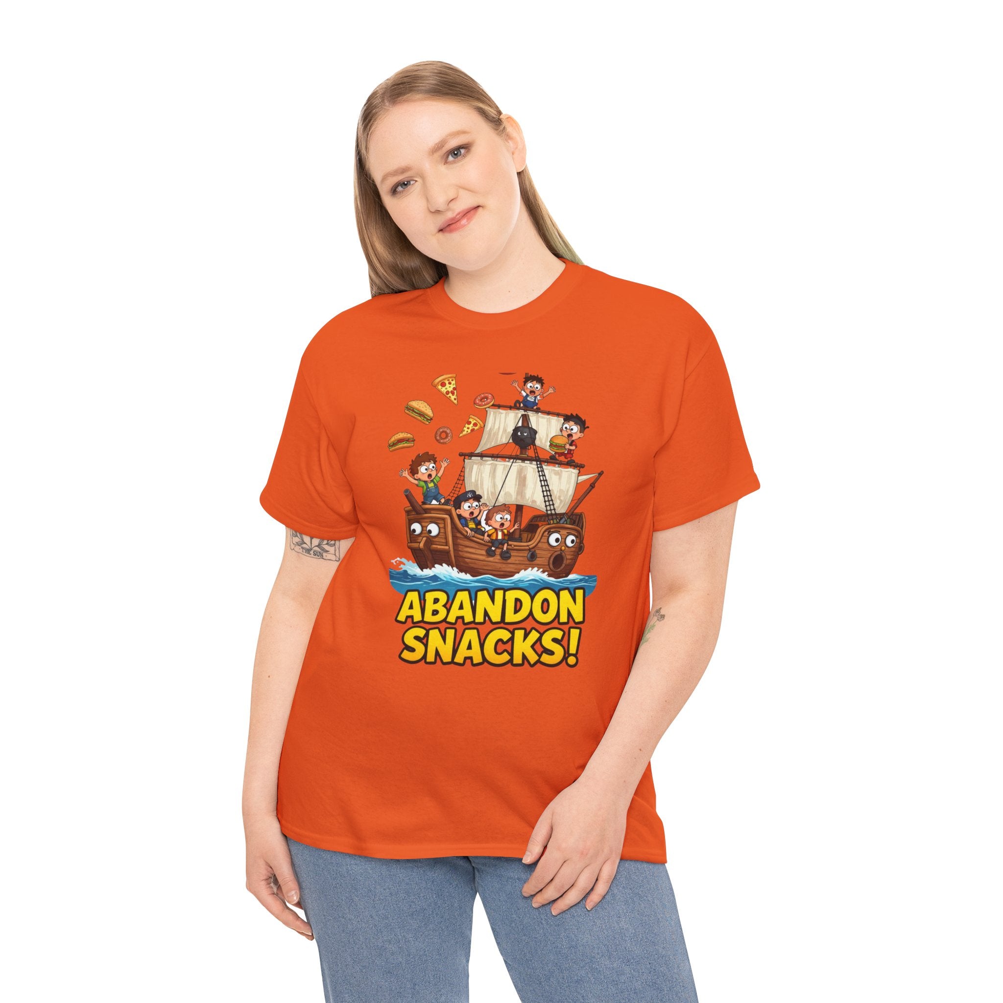 Abandon Snacks T-Shirt – Funny Pirate Ship Food Chaos Cartoon | Nautical Humour Foodie Graphic Tee