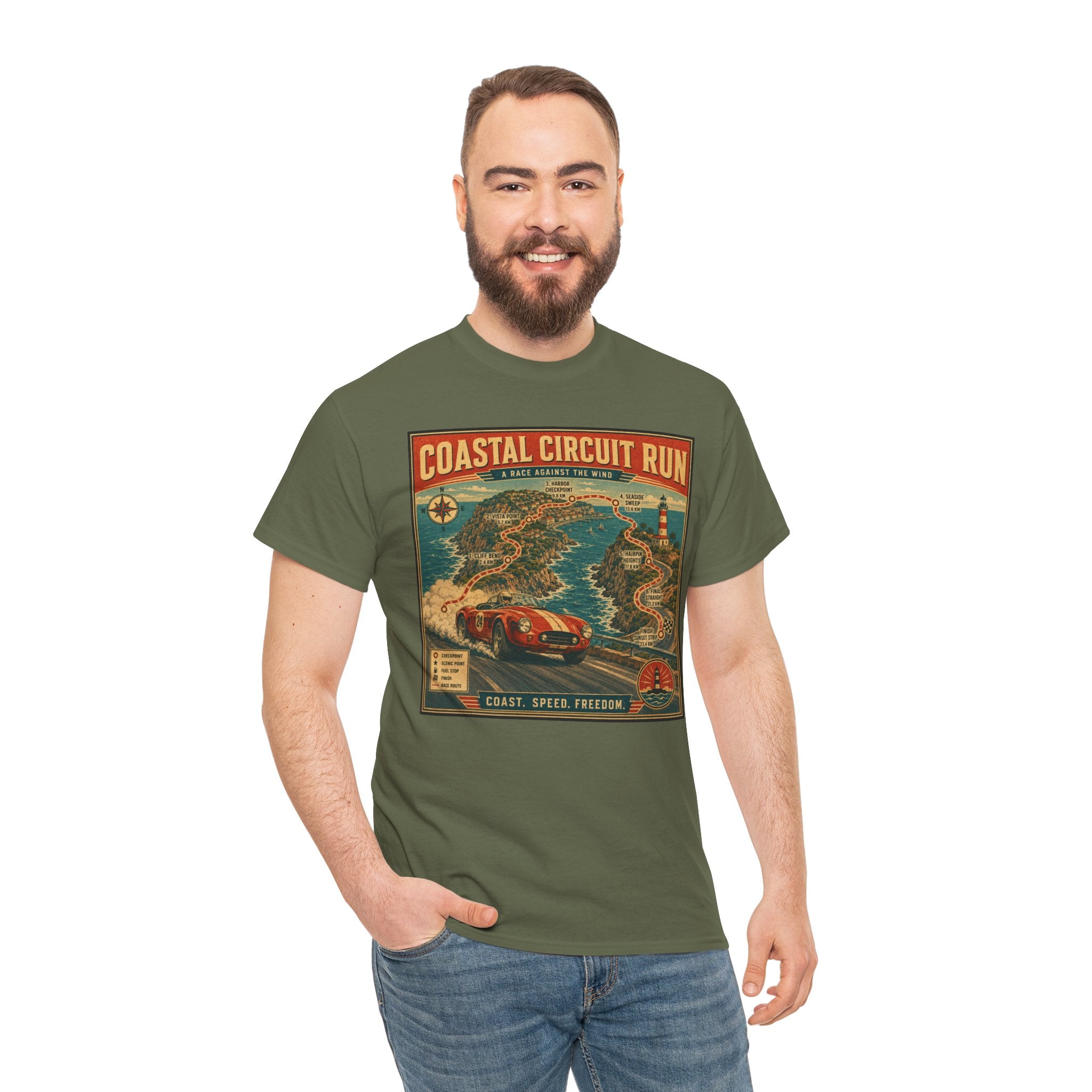 Coastal Circuit Run T-Shirt | Vintage Racing Map Graphic Tee | Classic Car Rally Route Shirt | Retro Motorsport Travel Poster Art
