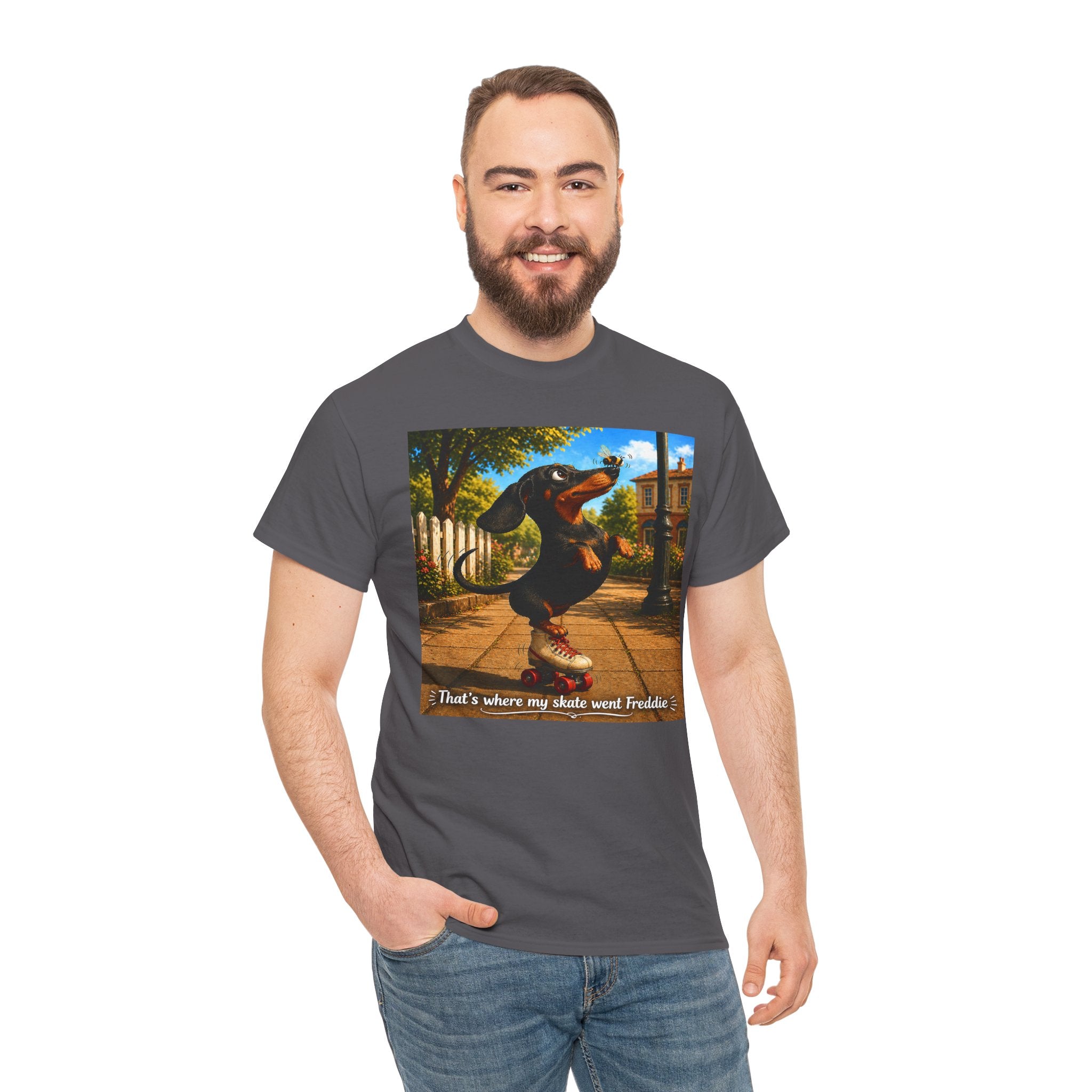 Dachshund on Skate T-Shirt — "That's Where My Skate Went Freddie" Retro Skate Tee