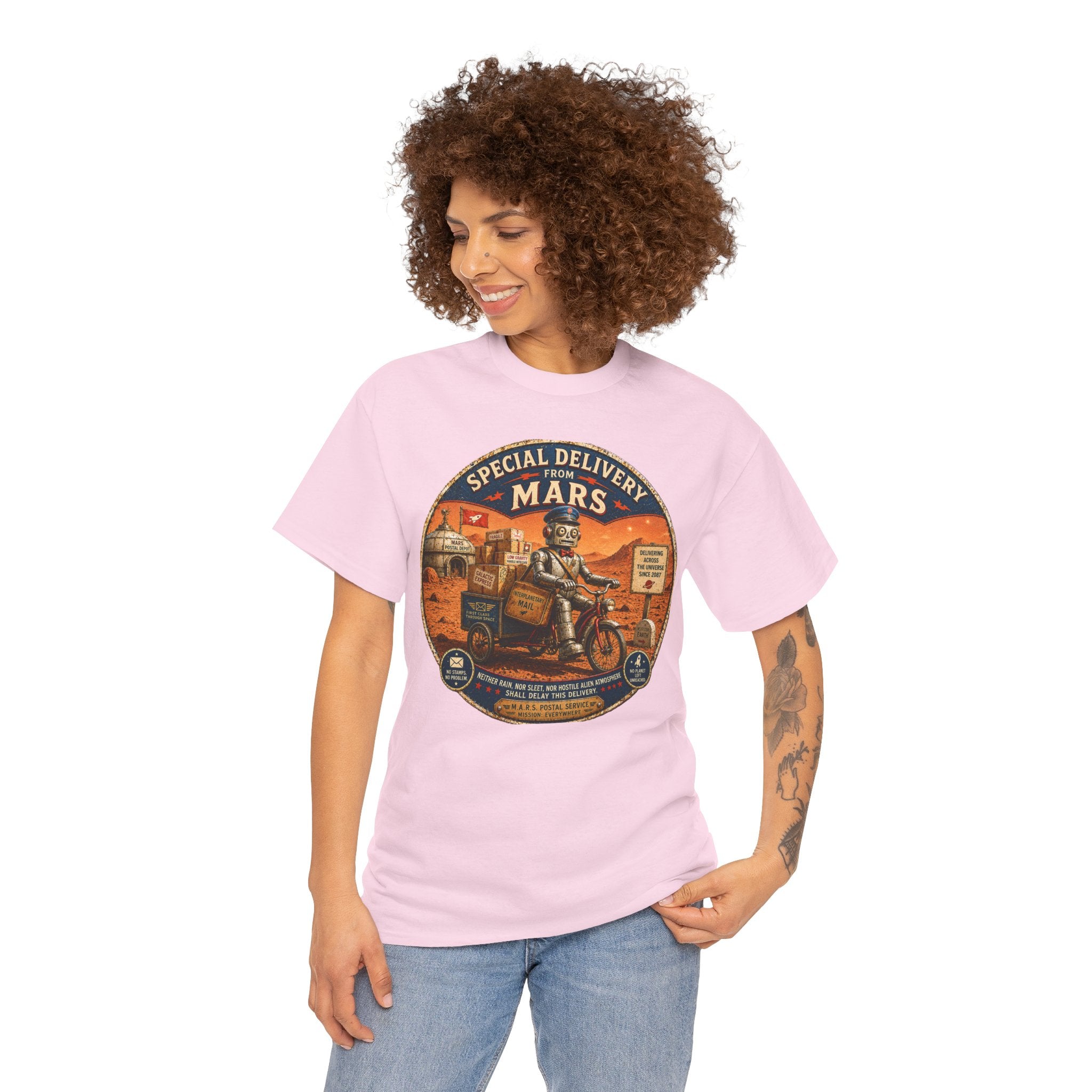Special Delivery from Mars T-Shirt — Funny Retro Space Postal Robot Graphic Tee