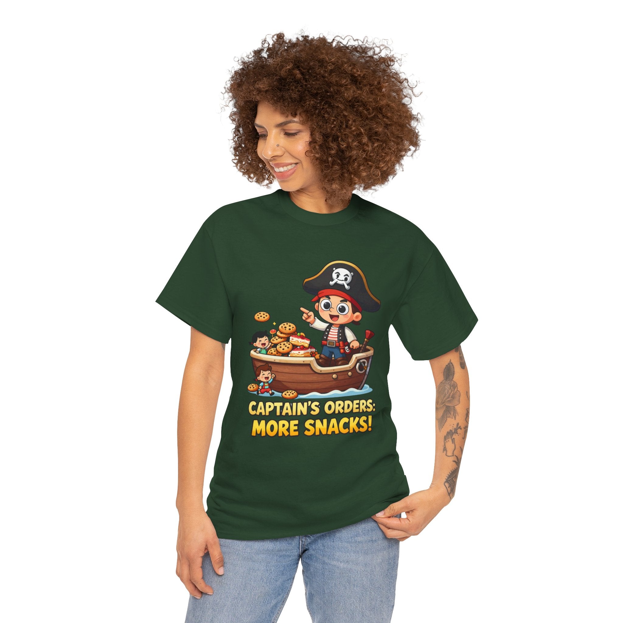 Captain's Orders More Snacks T-Shirt – Funny Pirate Cookie Cake Food Cartoon | Nautical Foodie Humour Graphic Tee