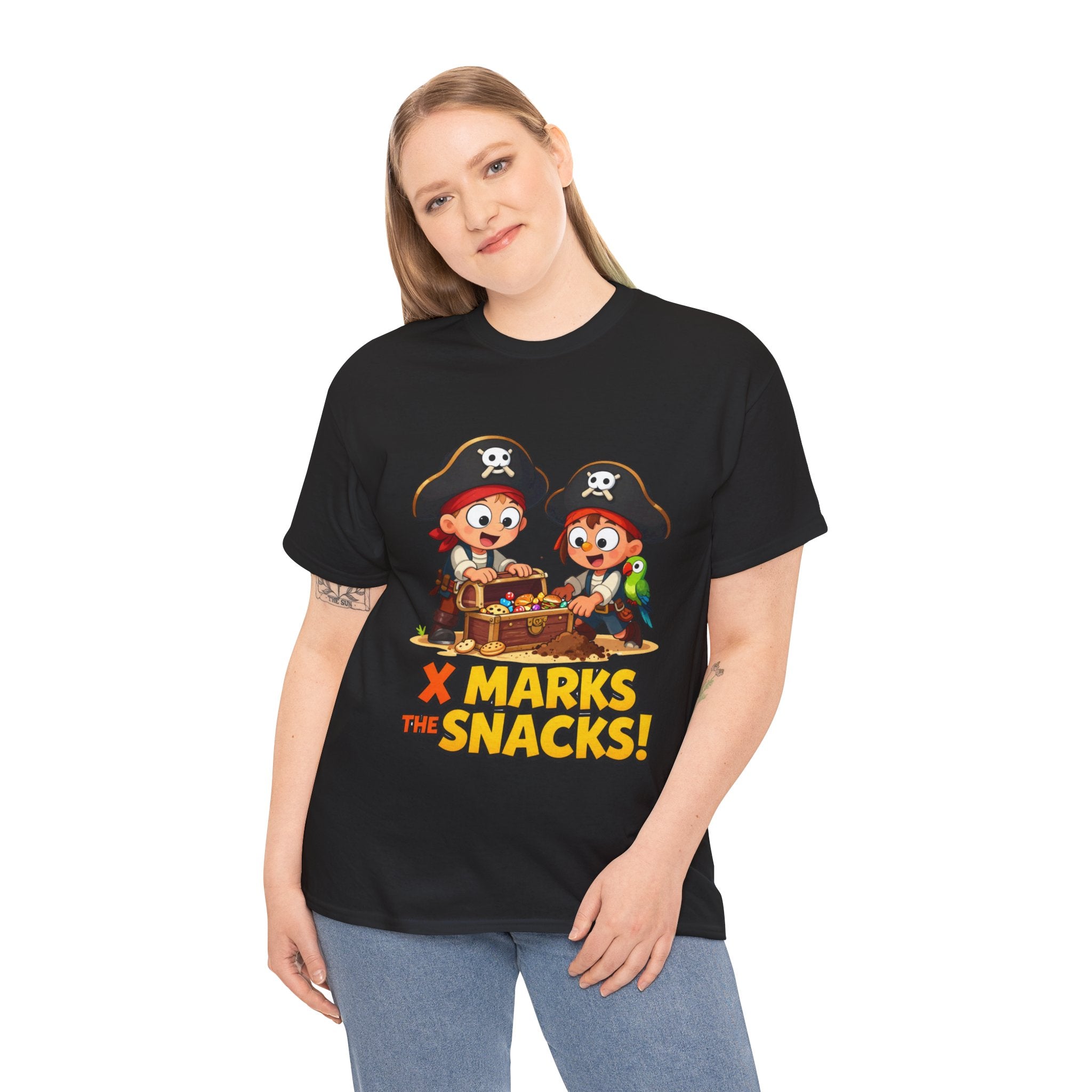X Marks the Snacks T-Shirt – Funny Pirate Treasure Chest Food Cartoon | Pirate Parrot Foodie Humour Graphic Tee