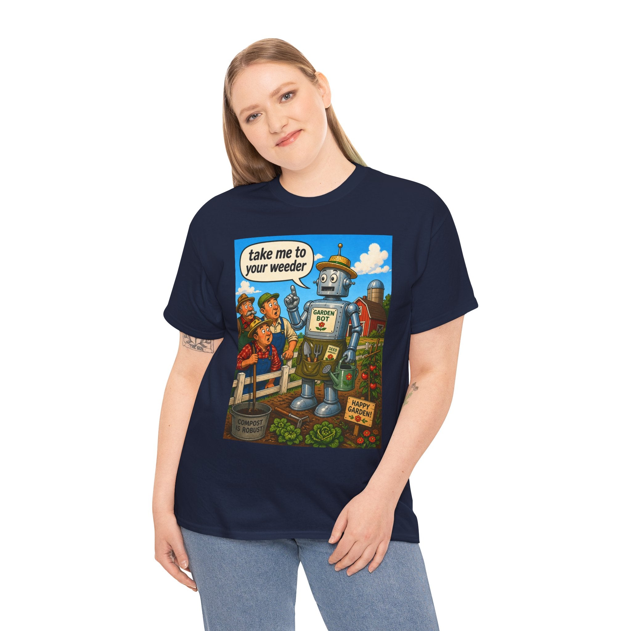 T-Shirt — "Take Me to Your Weeder" Vintage Robot Gardening Tee