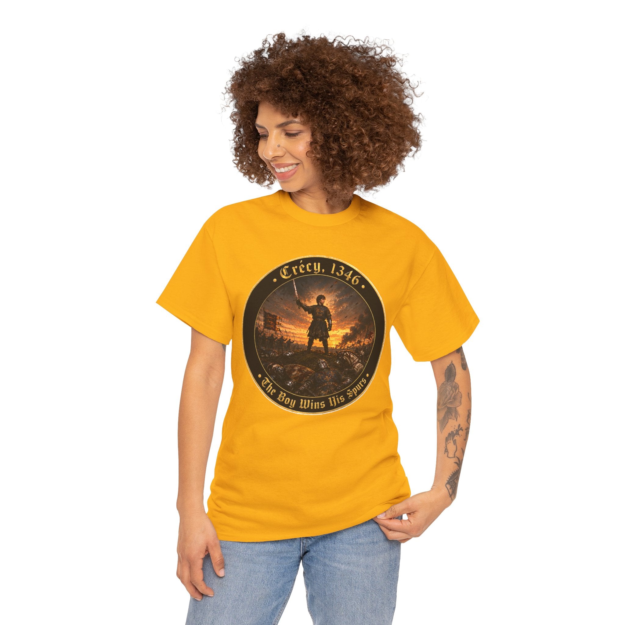 Crécy 1346 T-Shirt — "The Boy Wins His Spurs" Medieval Battle Roundel Graphic Tee